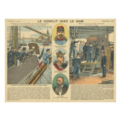 Konflikt mit Siam, eine französische Seefahrtsszene, Épinal-Kolonialdruck, 1893