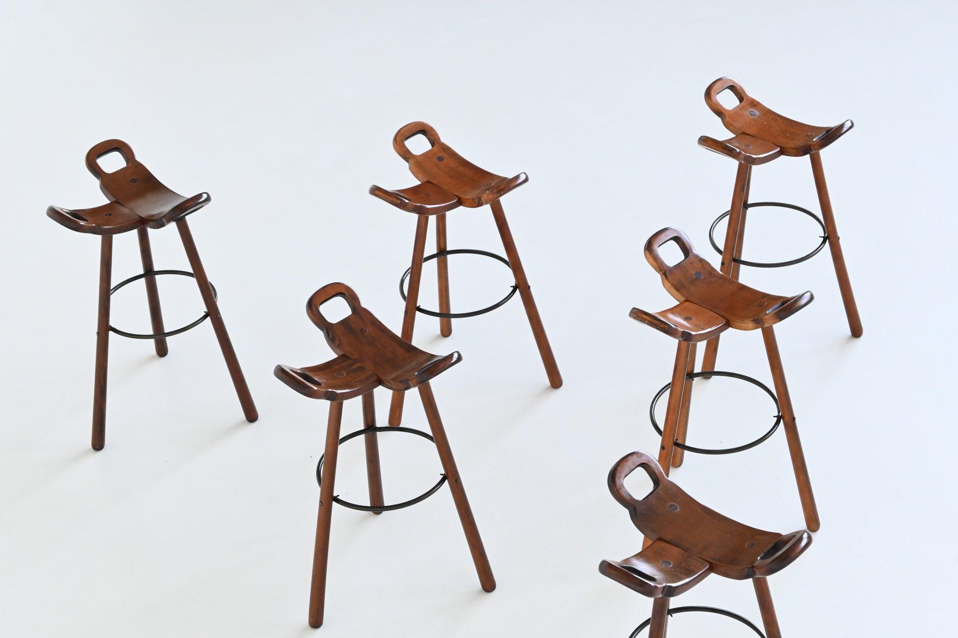 Beech Confonorm set of six Marbella brutalist bar stools Spain 1970