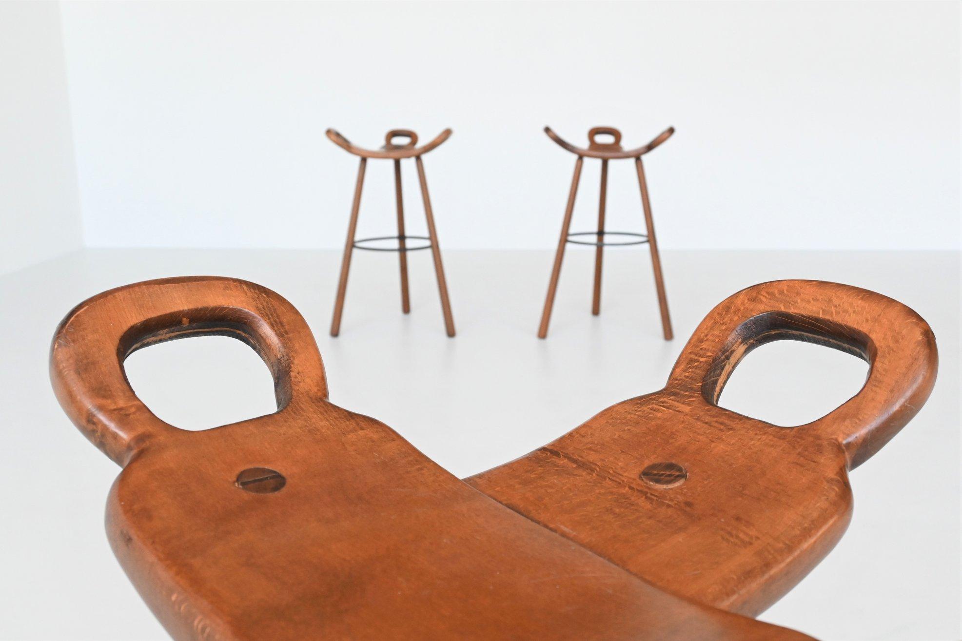 Beech Confonorm Set of Three Marbella Brutalist Bar Stools Spain, 1970