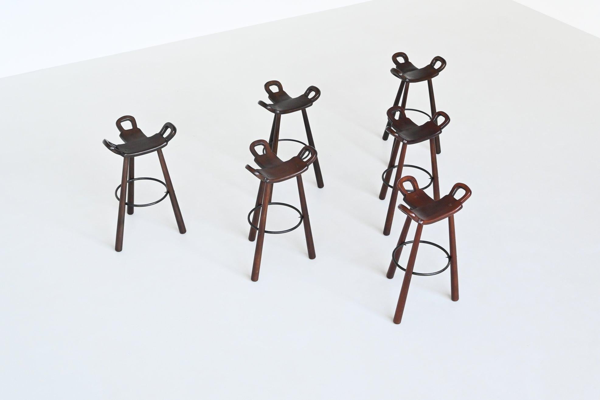 Beech Confonorm six “Marbella” brutalist bar stools Spain 1970
