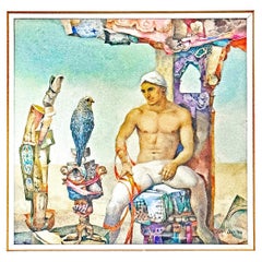 „Confrontation“, Zeichnung aus der Mitte des Jahrhunderts mit halber Akt, männlich, in surrealer Fassung, 1984