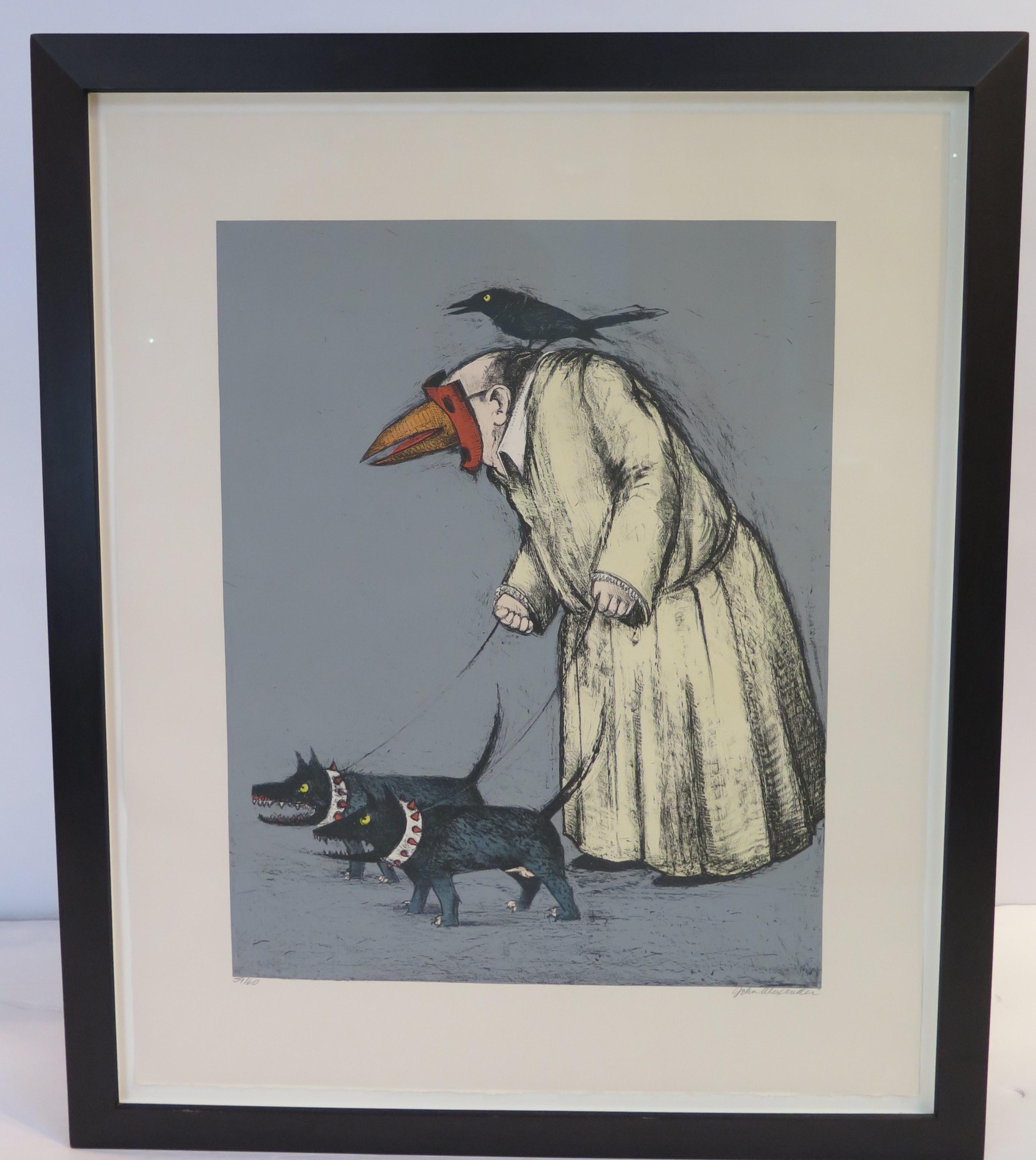Confused Man Walking His Dogs by John Alexander For Sale 4