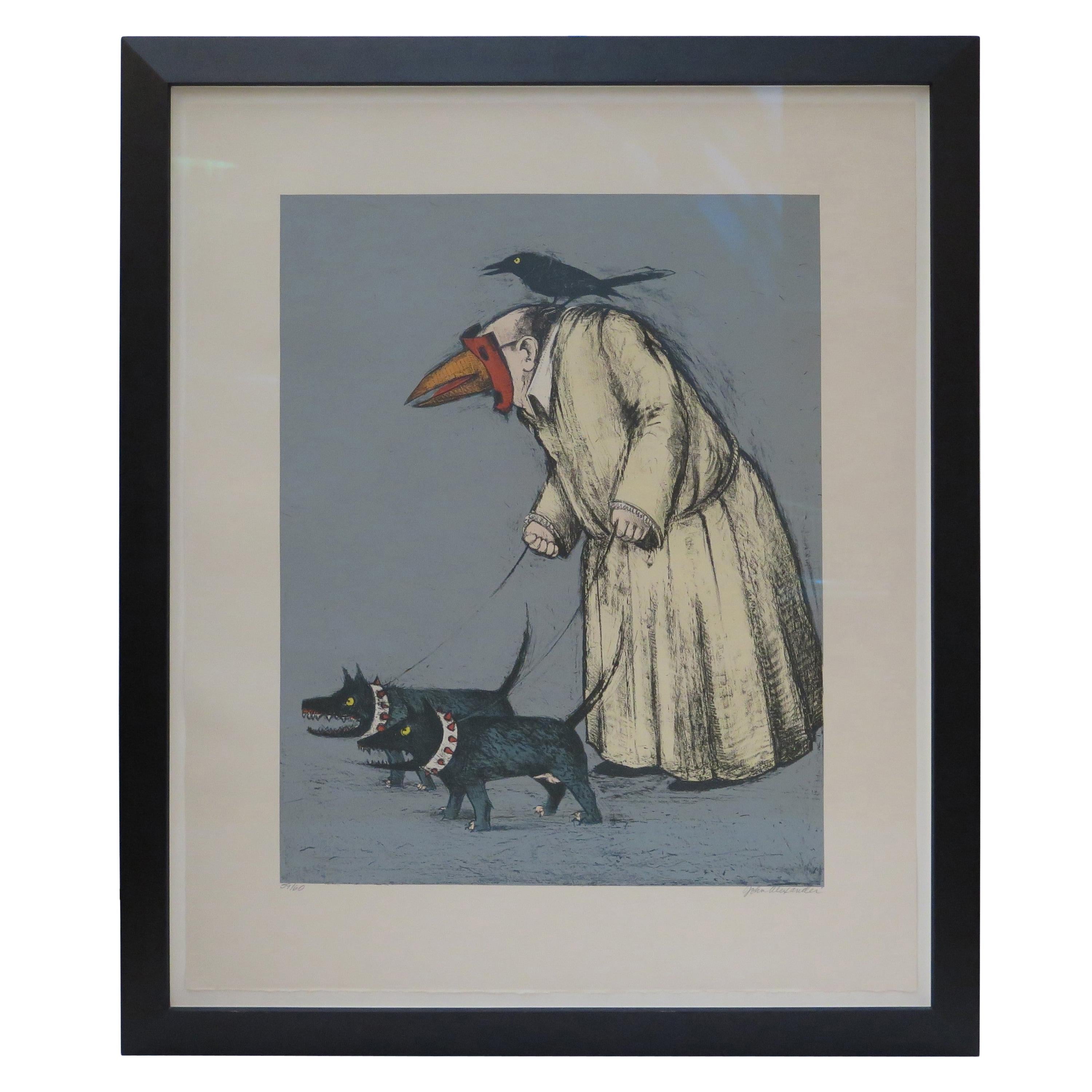 Confused Man Walking His Dogs by John Alexander For Sale