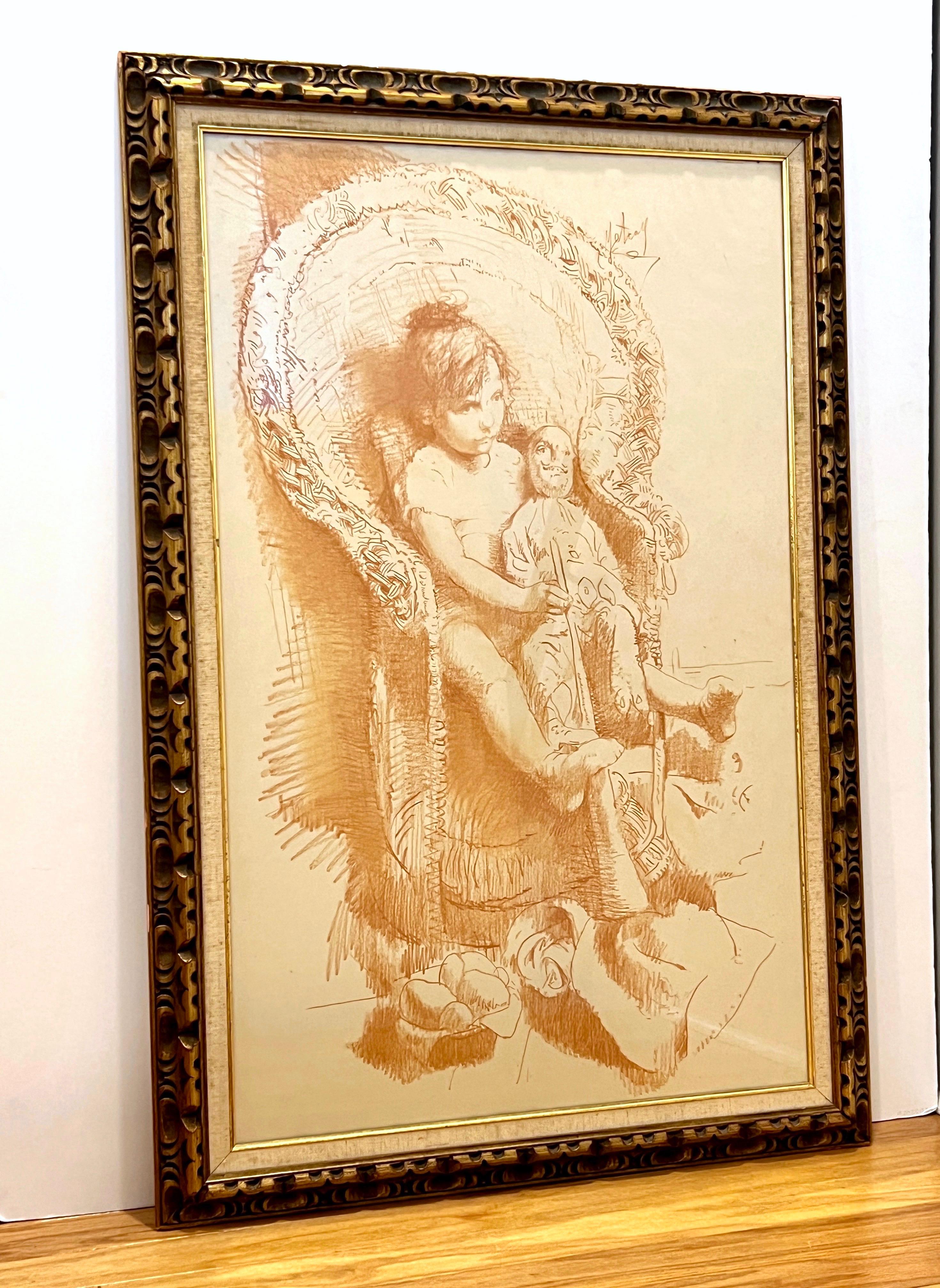 Conger Metcalf Conte Crayon on Paper Framed Painting, Portrait of Girl with Doll For Sale 2