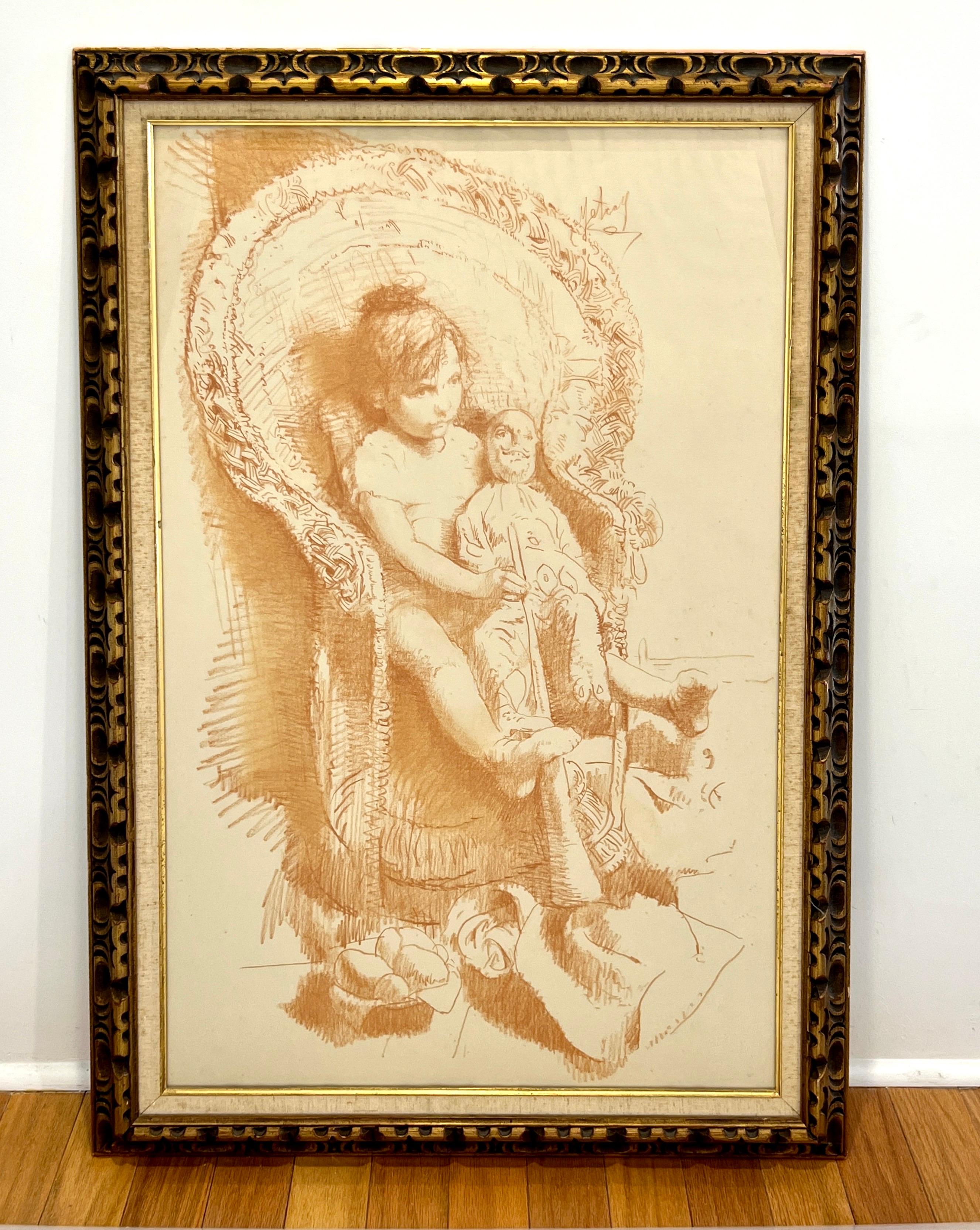 Conte crayon on paper portrait by American Artist Conger A. Metcalf (1914-1988). The fine impressionist painting features a young girl holding a Victorian era doll while sitting on a peacock chair. The sketch was painted in conte crayon, a hard