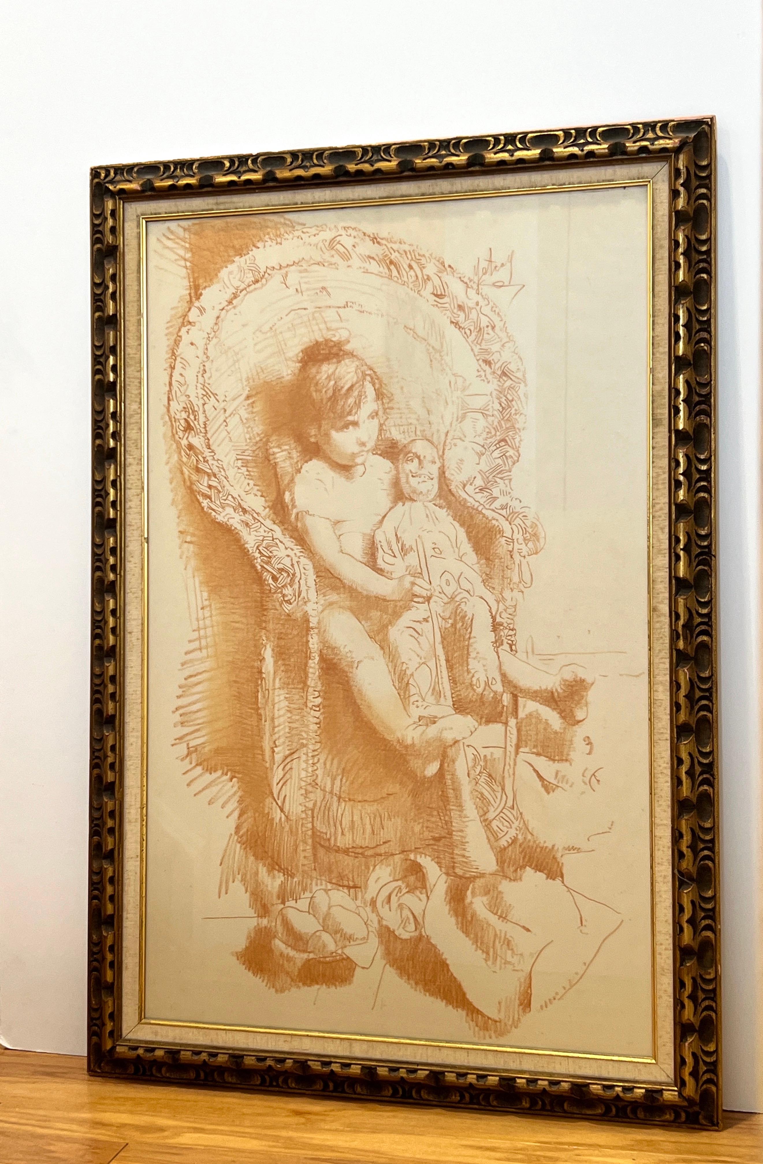 Late Victorian Conger Metcalf Conte Crayon on Paper Framed Painting, Portrait of Girl with Doll For Sale