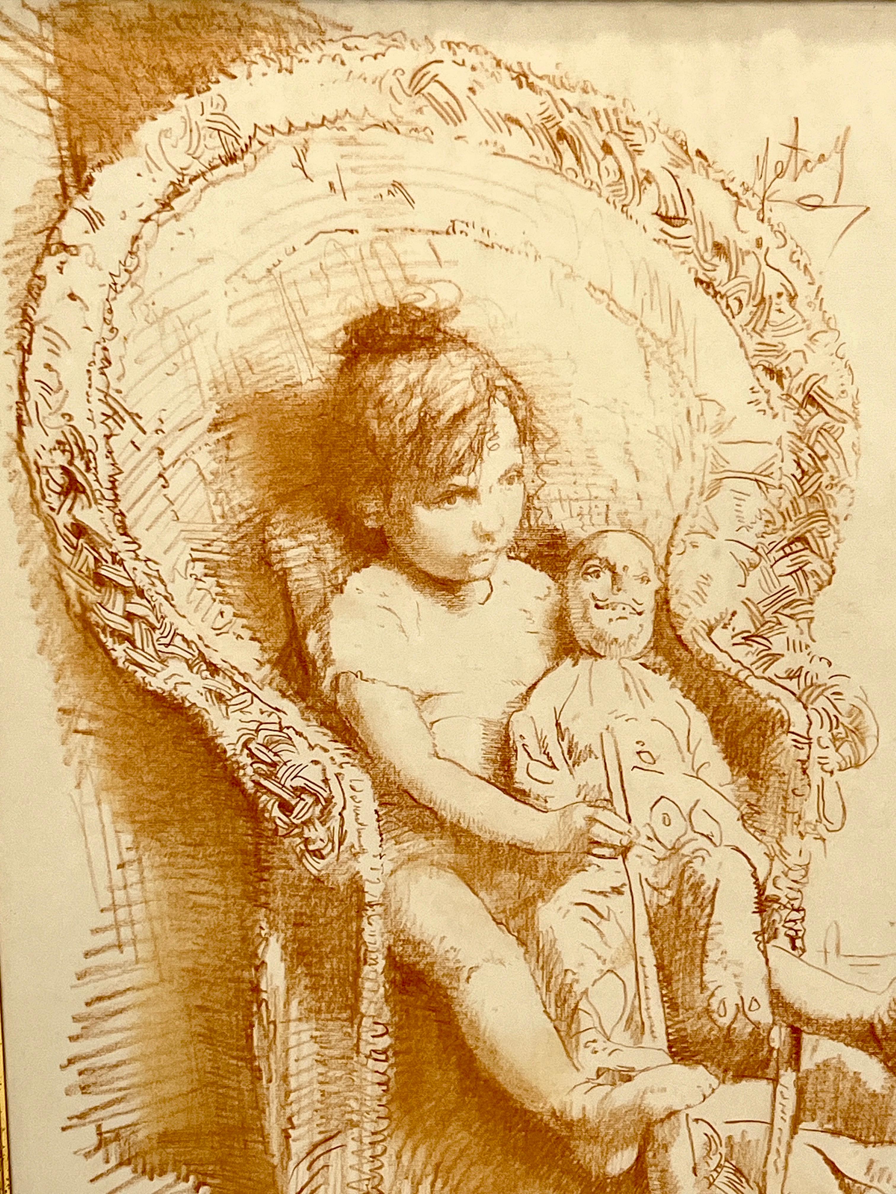 American Conger Metcalf Conte Crayon on Paper Framed Painting, Portrait of Girl with Doll For Sale