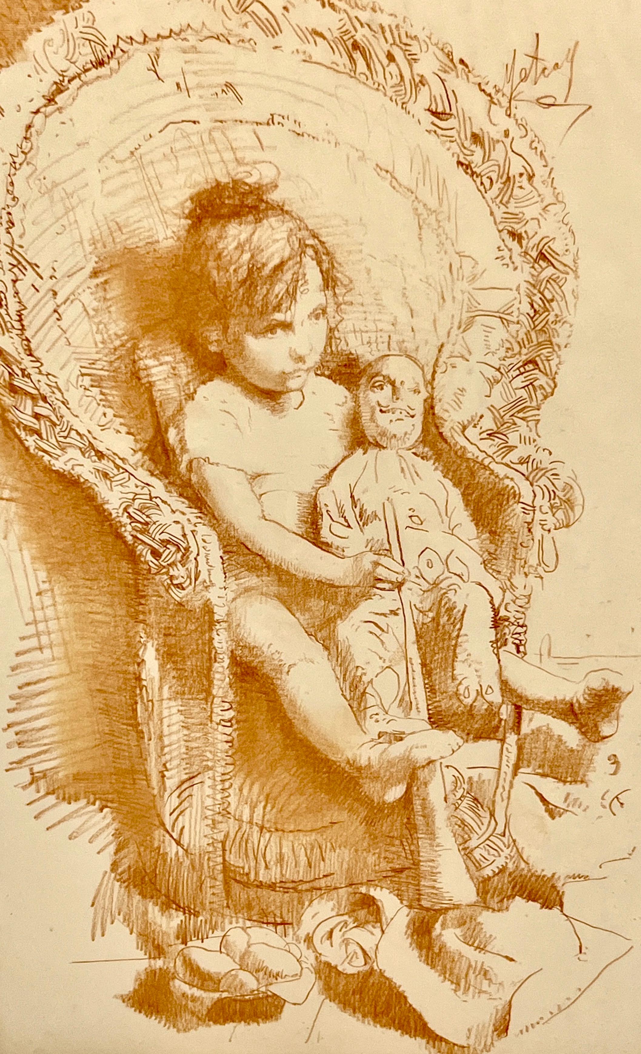 Hand-Carved Conger Metcalf Conte Crayon on Paper Framed Painting, Portrait of Girl with Doll For Sale
