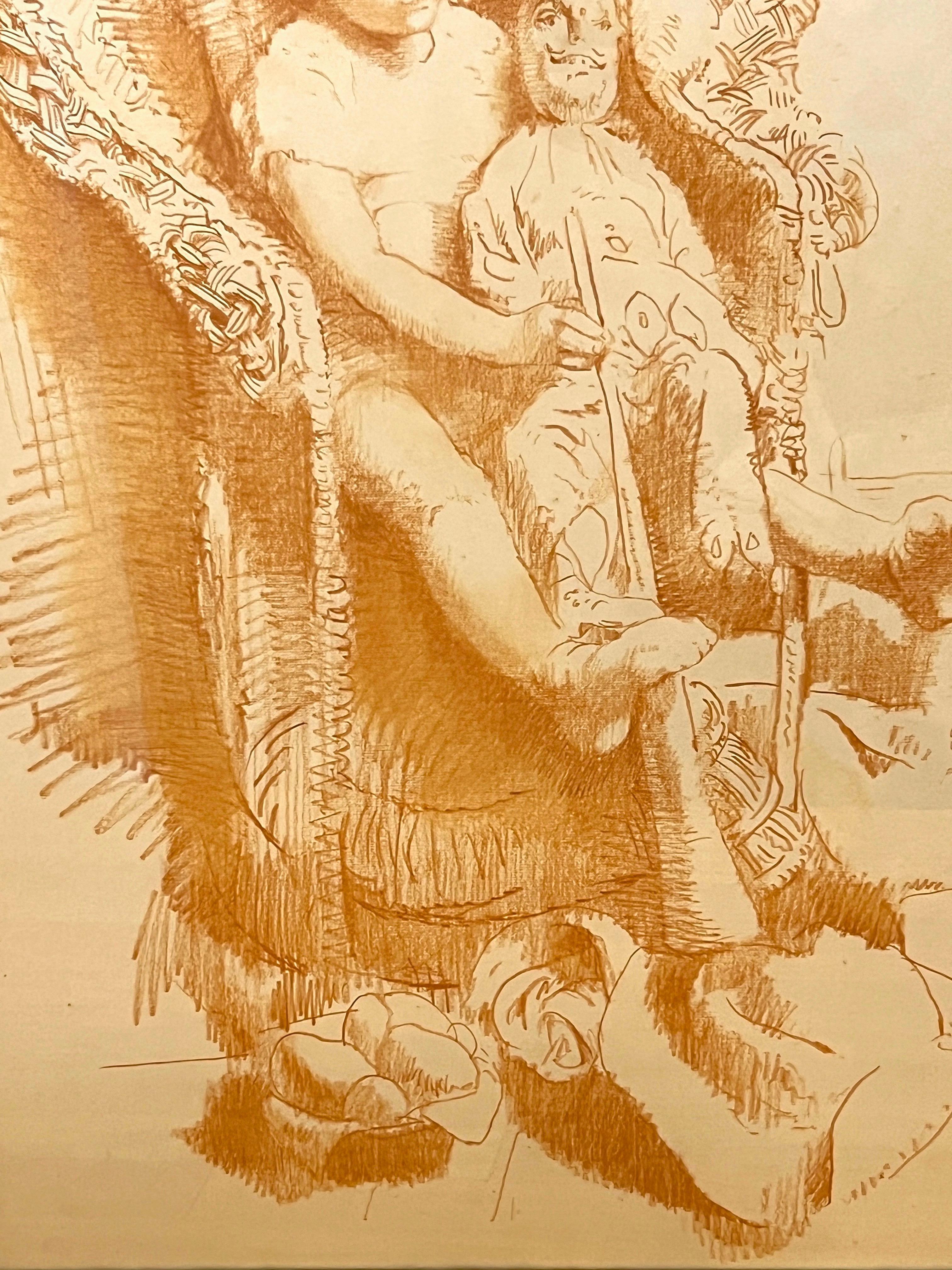 Conger Metcalf Conte Crayon on Paper Framed Painting, Portrait of Girl with Doll In Good Condition For Sale In Fort Lauderdale, FL