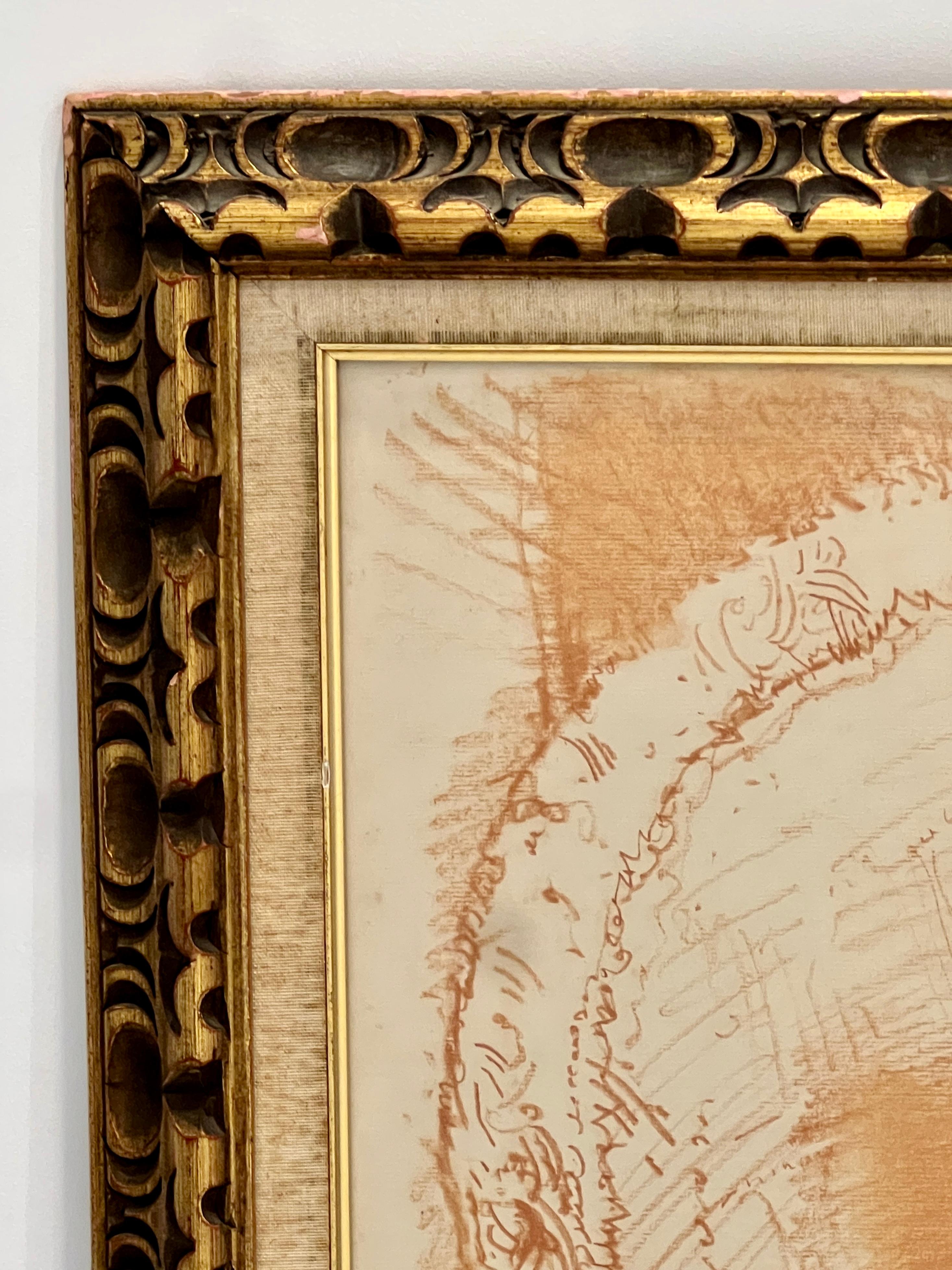 Gold Leaf Conger Metcalf Conte Crayon on Paper Framed Painting, Portrait of Girl with Doll For Sale