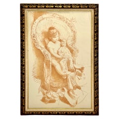 Conger Metcalf Conte Crayon on Paper Framed Painting, Portrait of Girl with Doll