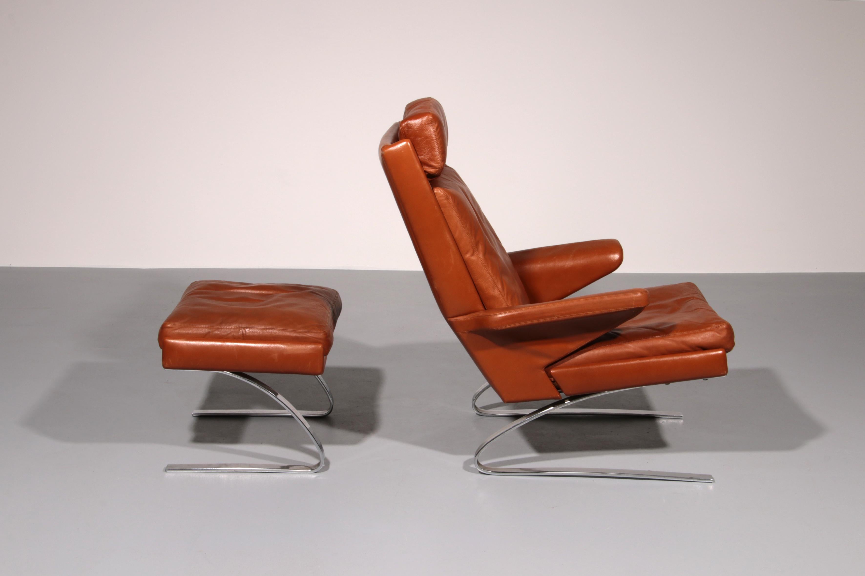 Steel Congnac Leather COR SWING Lounch Chair whit Otterman By Adolf & Schöpfer 1976 For Sale