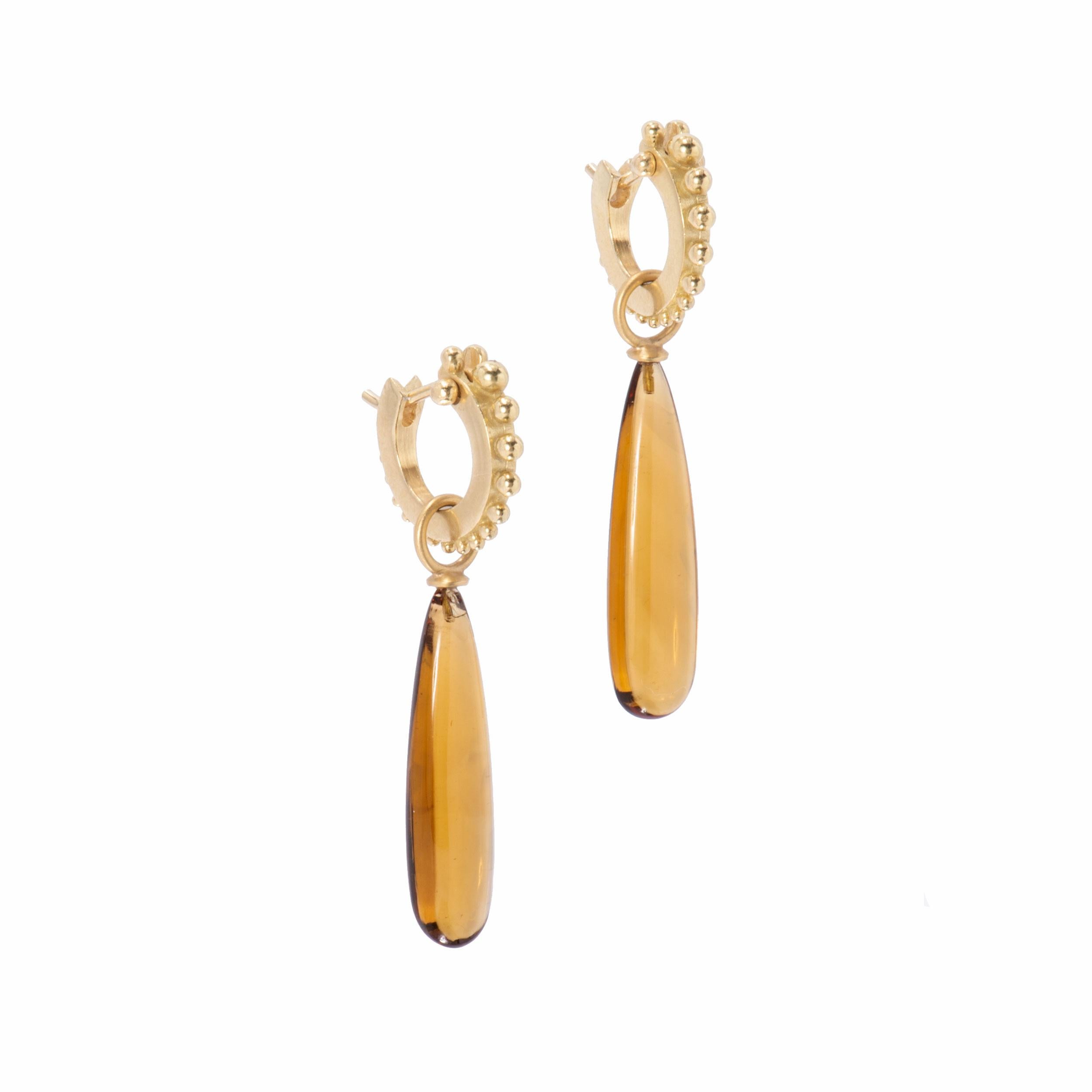Contemporary Congolese Citrine Wand Drop Earrings in 18 Karat Gold