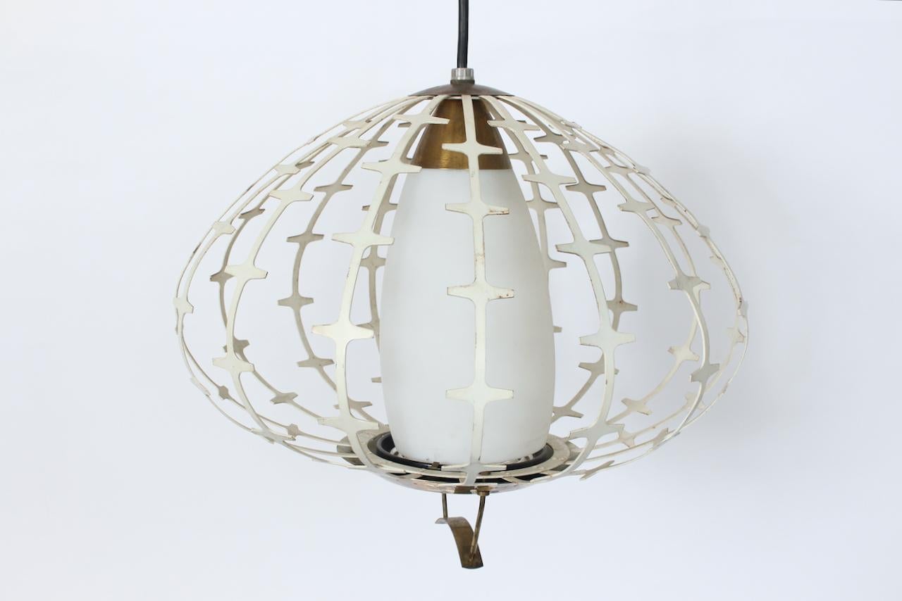 Congress Mtg. Co. Inc. nameled Off White metal hanging ceiling light.  Featuring an abstract open basket form in enameled Cream Metal  with Brass capped cylindrical bell shaped frosted glass insert (11H x 5W) with bottom Brass ring with 5W glass