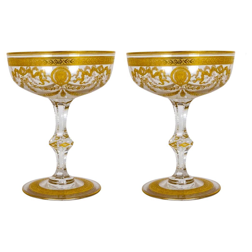 Congress Style Gilt Crystal Coupe Champagne Glasses by Saint-Louis, Set of 2 For Sale