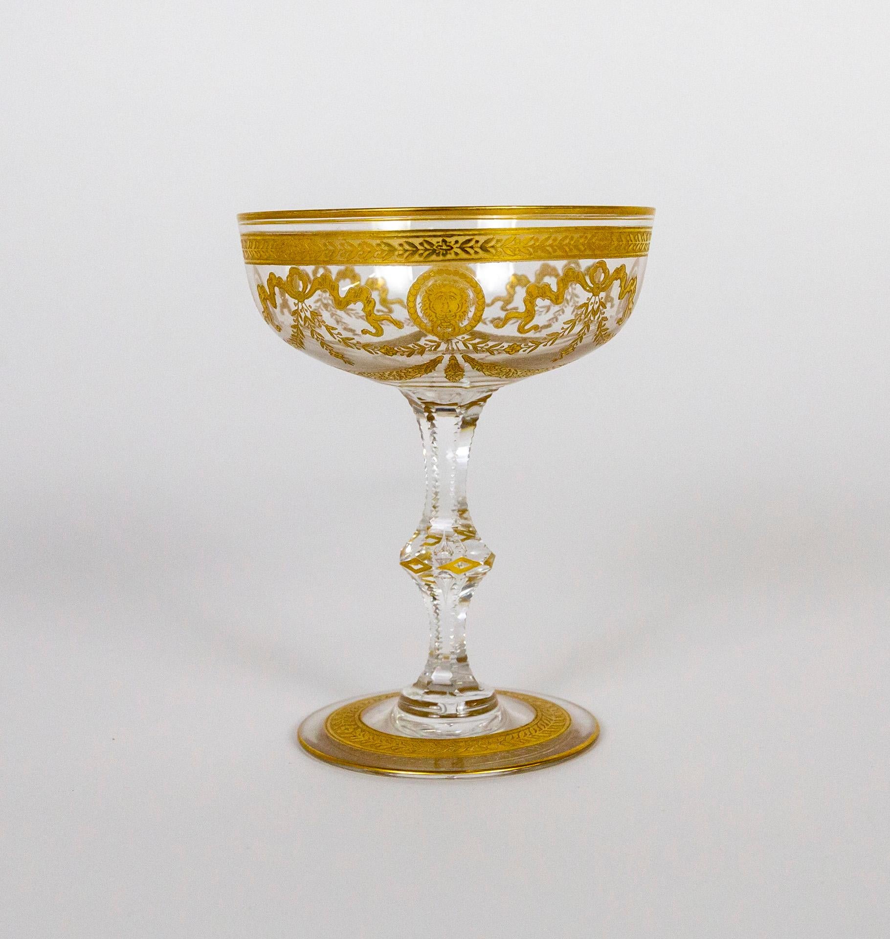 French Congress Style Gilt Crystal Coupe Champagne Glasses by Saint-Louis, Set of 4 For Sale