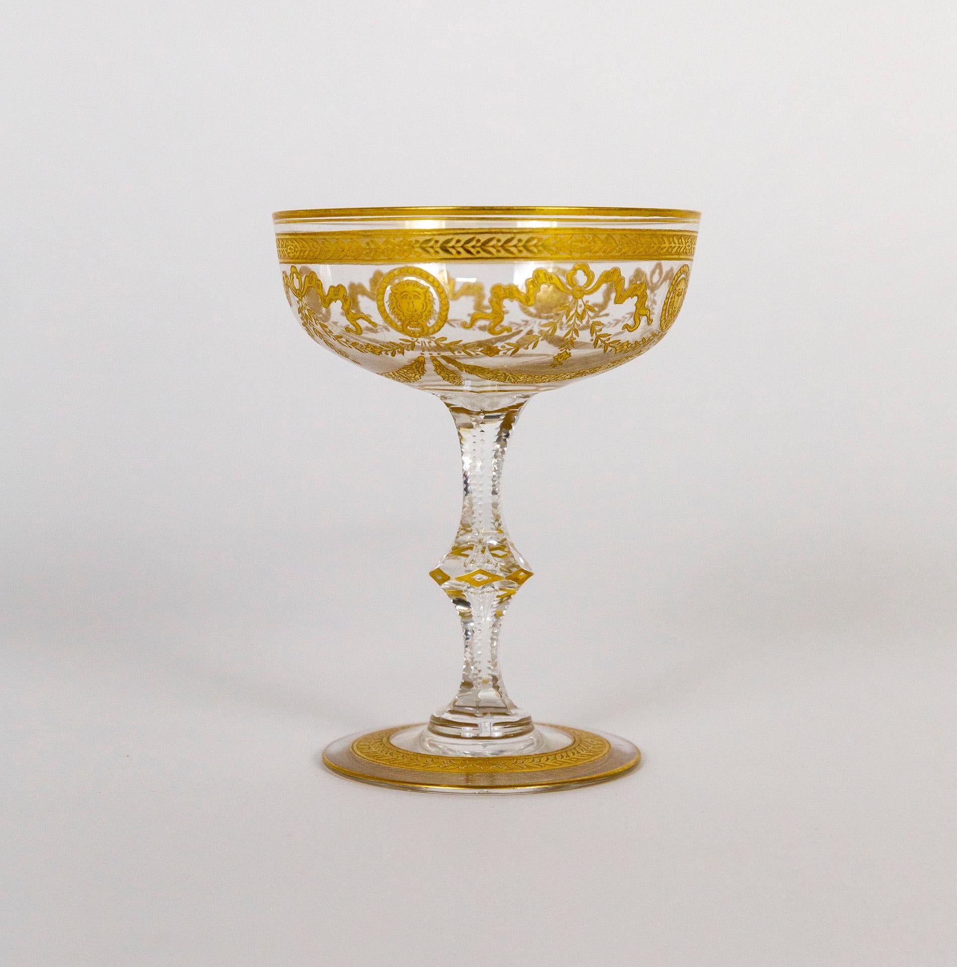 Congress Style Gilt Crystal Coupe Champagne Glasses by Saint-Louis, Set of 4 In Good Condition For Sale In San Francisco, CA