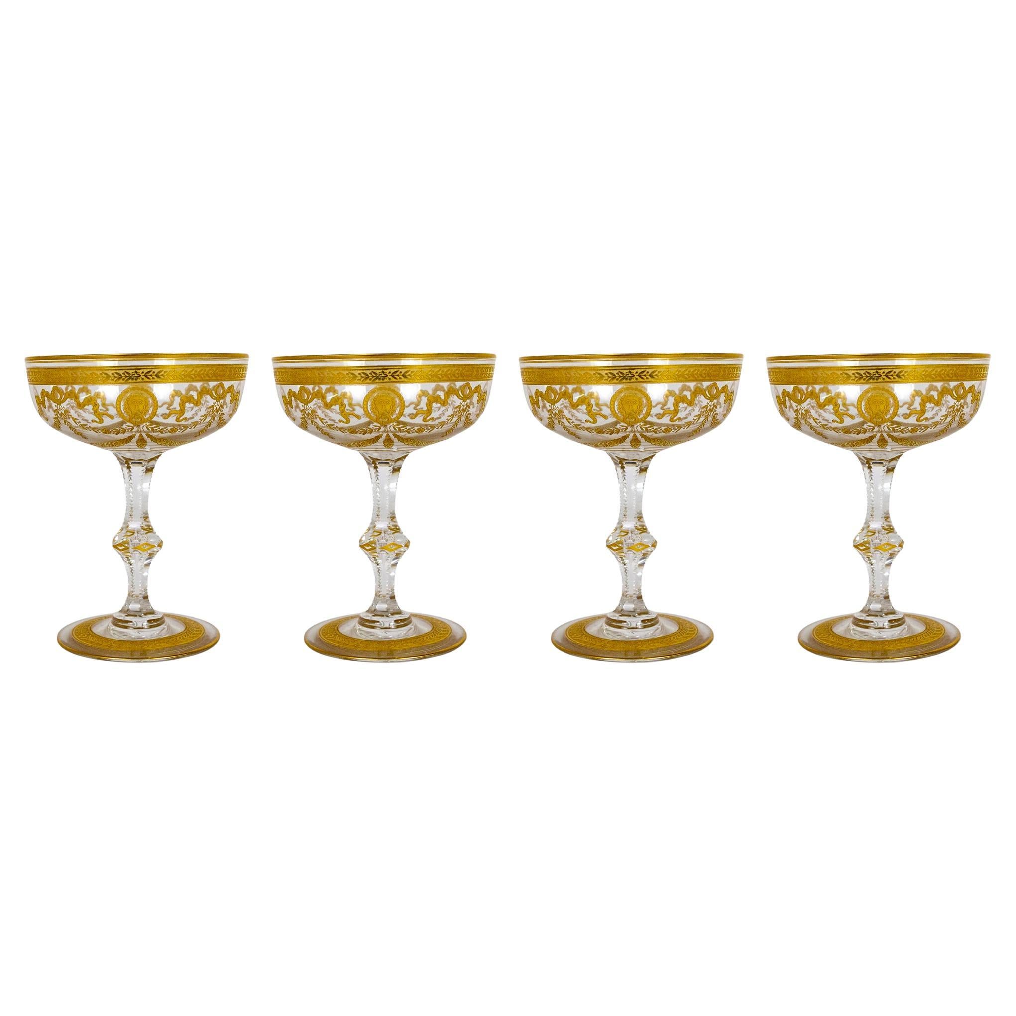 Congress Style Gilt Crystal Coupe Champagne Glasses by Saint-Louis, Set of 4