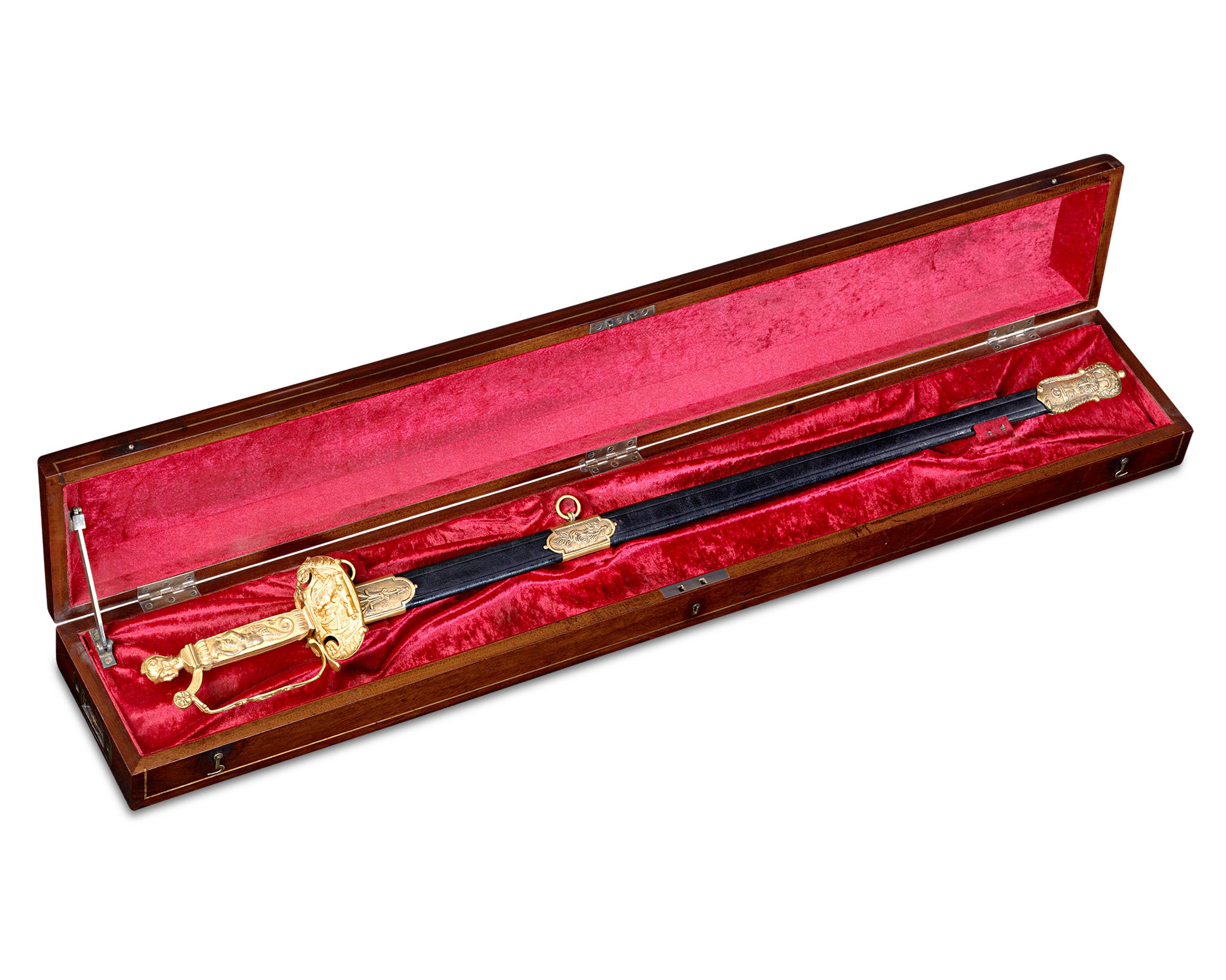 This rare and historic congressional sword was presented to Captain Daniel Hazard in 1820 to commemorate his extraordinary service in the Battle of Lake Champlain on September 11, 1814. Produced by Rose of Philadelphia and etched by John Meer, the