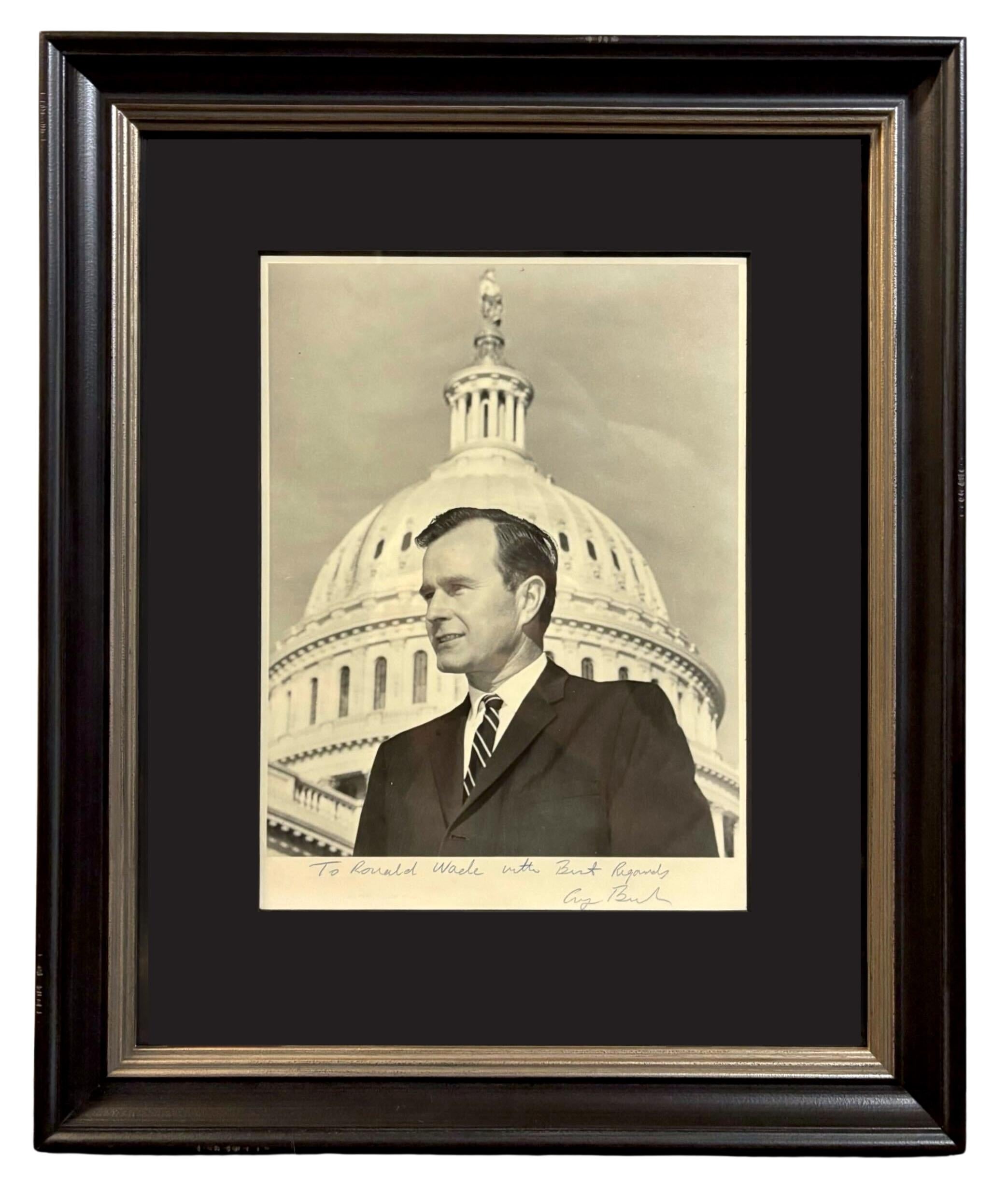 Presented is an early signed photograph of George H. W. Bush, taken when he was Congressman. Bush served in the House of Representatives from 1967-1971, having been elected in 1966 and 1968 to represent Texas's 7th congressional district.In this