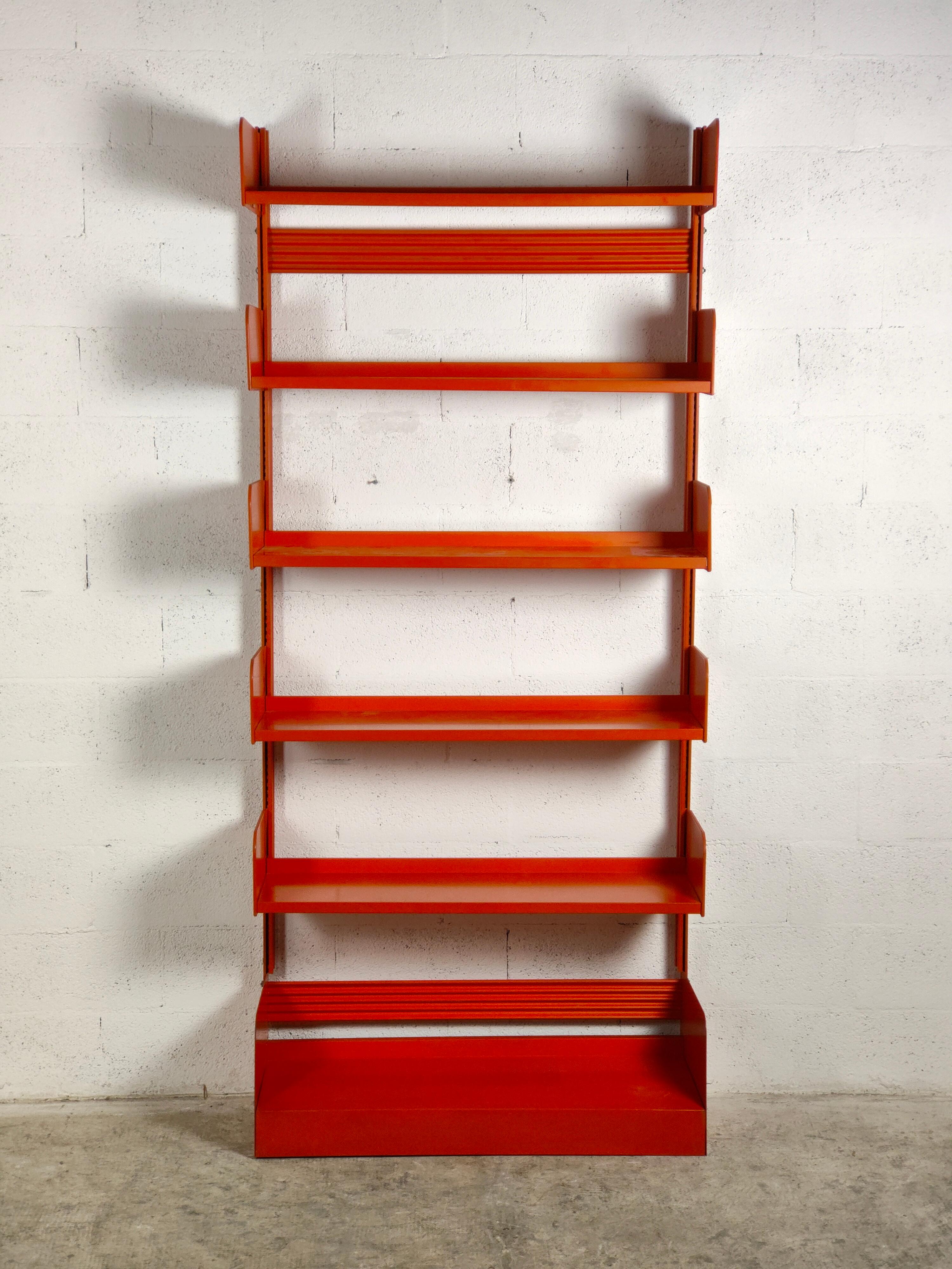 red metal bookcase