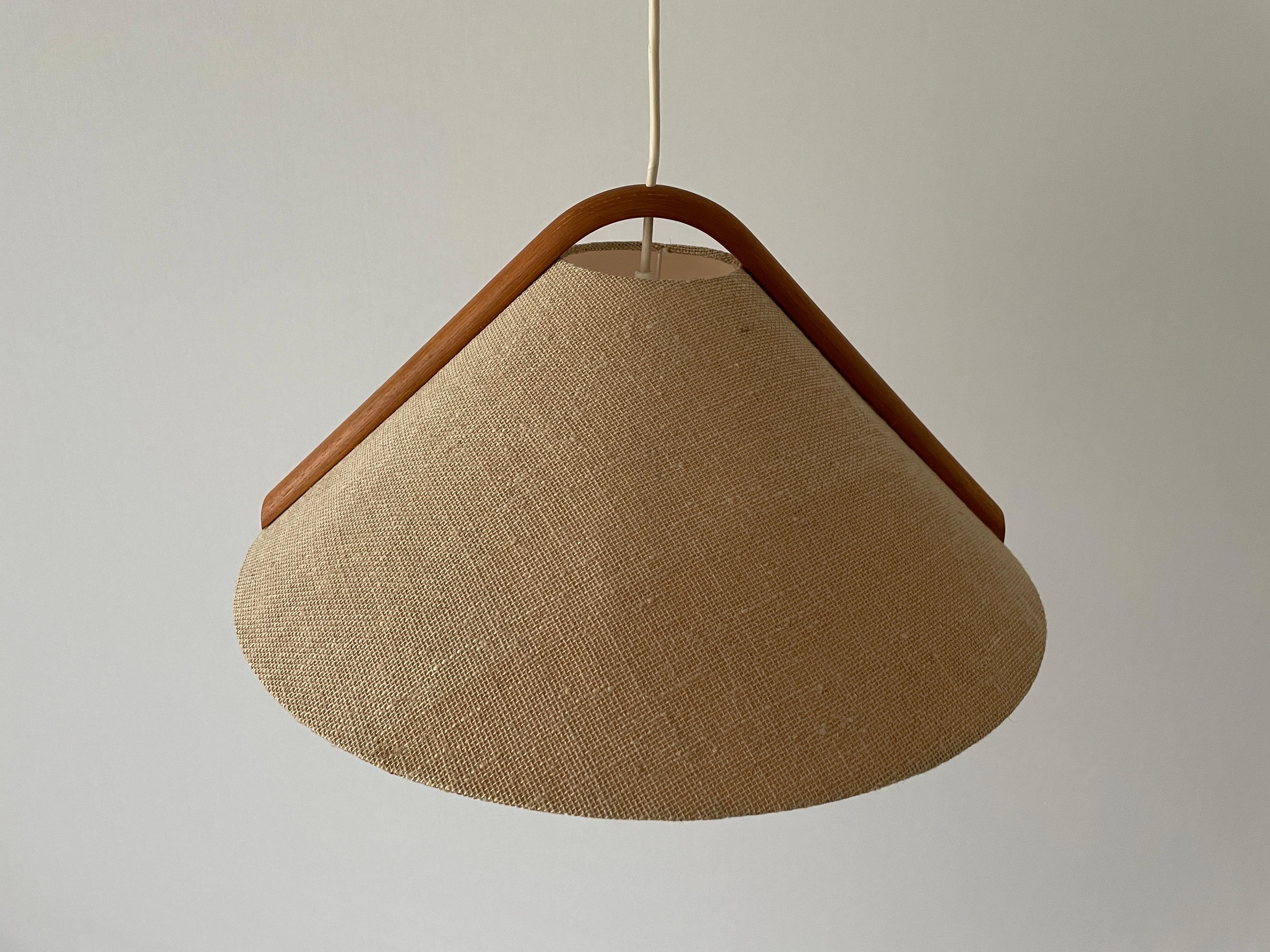Mid-Century Modern Conic Design Fabric Pendant Lamp with Teak Detail, 1960s, Germany For Sale