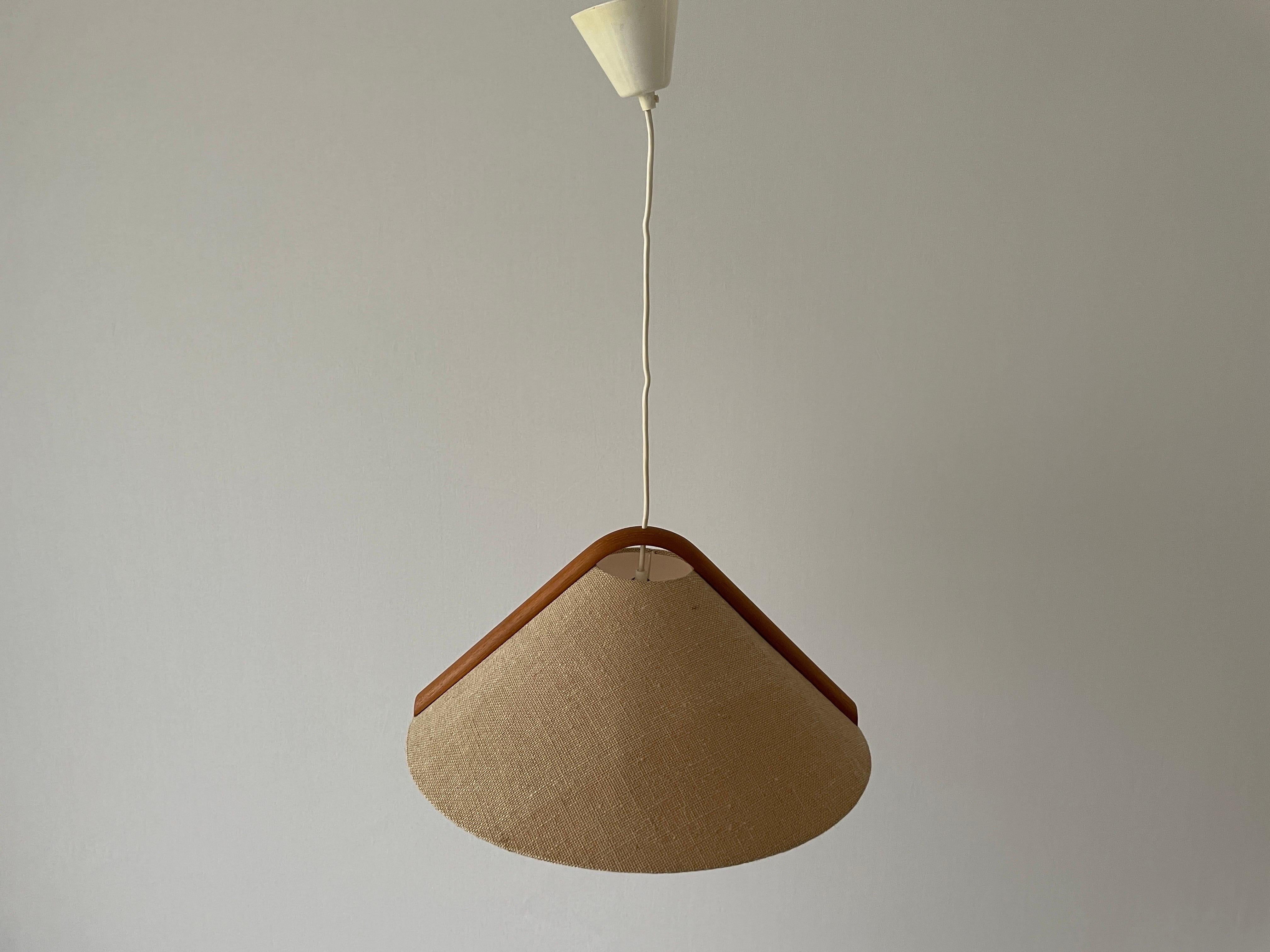 Conic Design Fabric Pendant Lamp with Teak Detail, 1960s, Germany In Good Condition For Sale In Hagenbach, DE