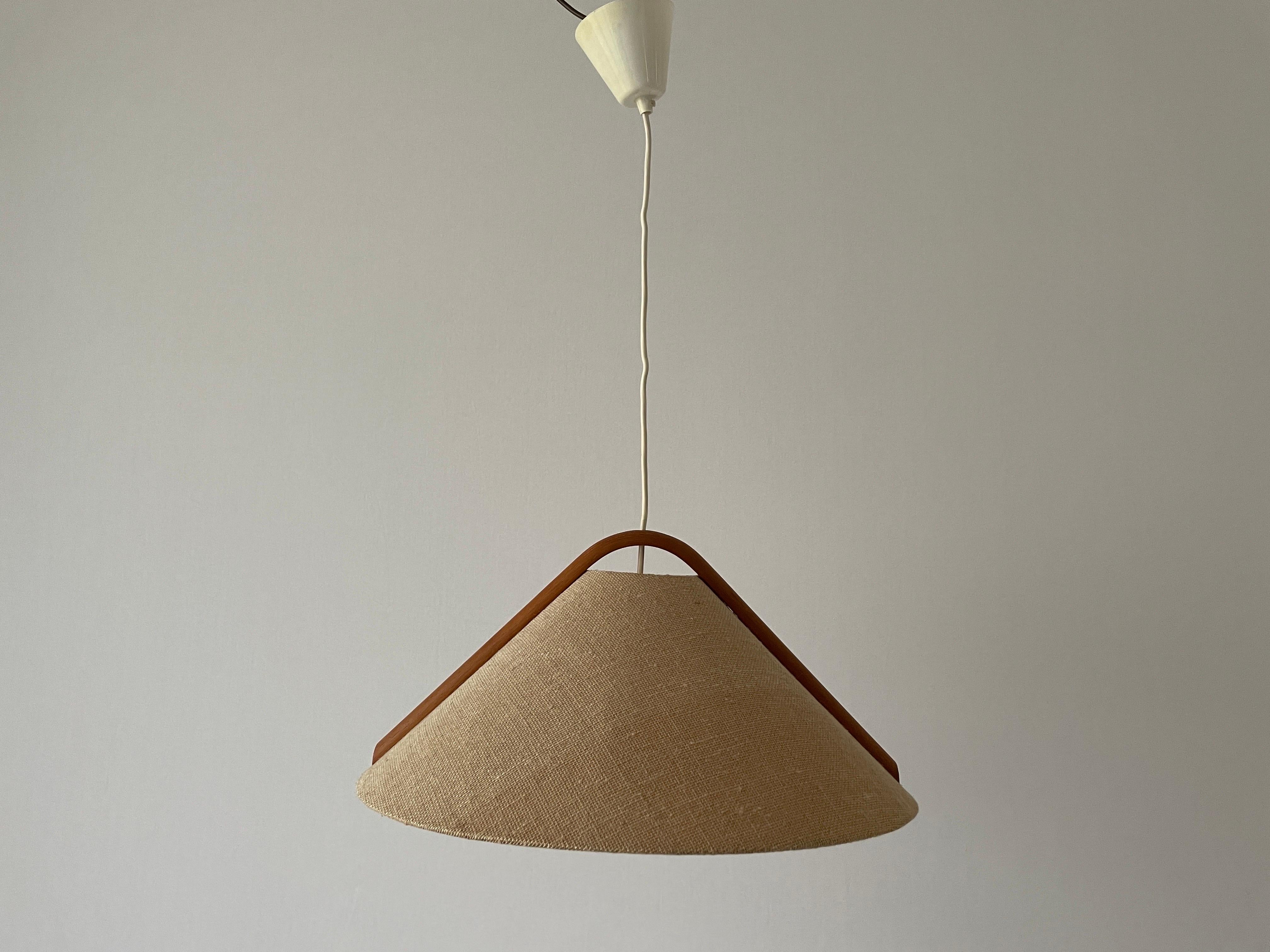 Mid-20th Century Conic Design Fabric Pendant Lamp with Teak Detail, 1960s, Germany For Sale