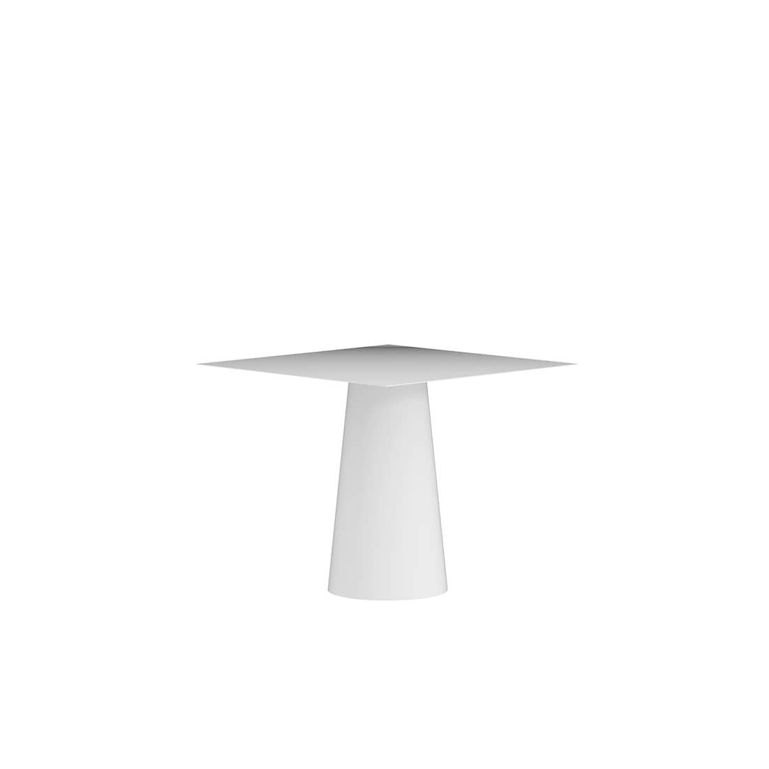 Der Conic Square Dining Table ist ein monolithisches Stück, das als Esstisch für den Innen- und Außenbereich konzipiert wurde. 
Er wird in Handarbeit aus galvanisiertem Aluminium gefertigt und mit einer matten elektrostatischen Beschichtung