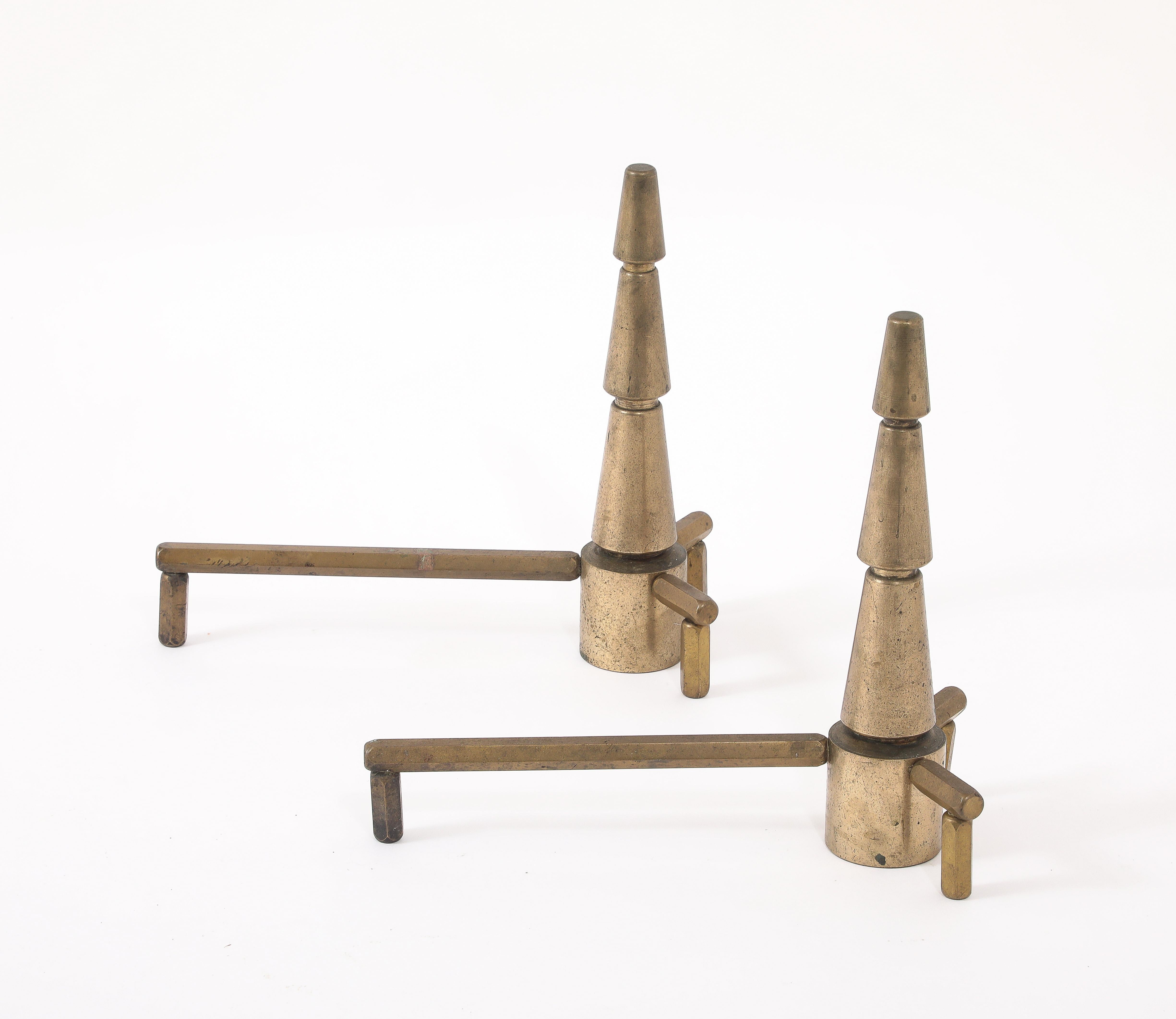 Conical Bronze Andirons, France 1940's For Sale 4