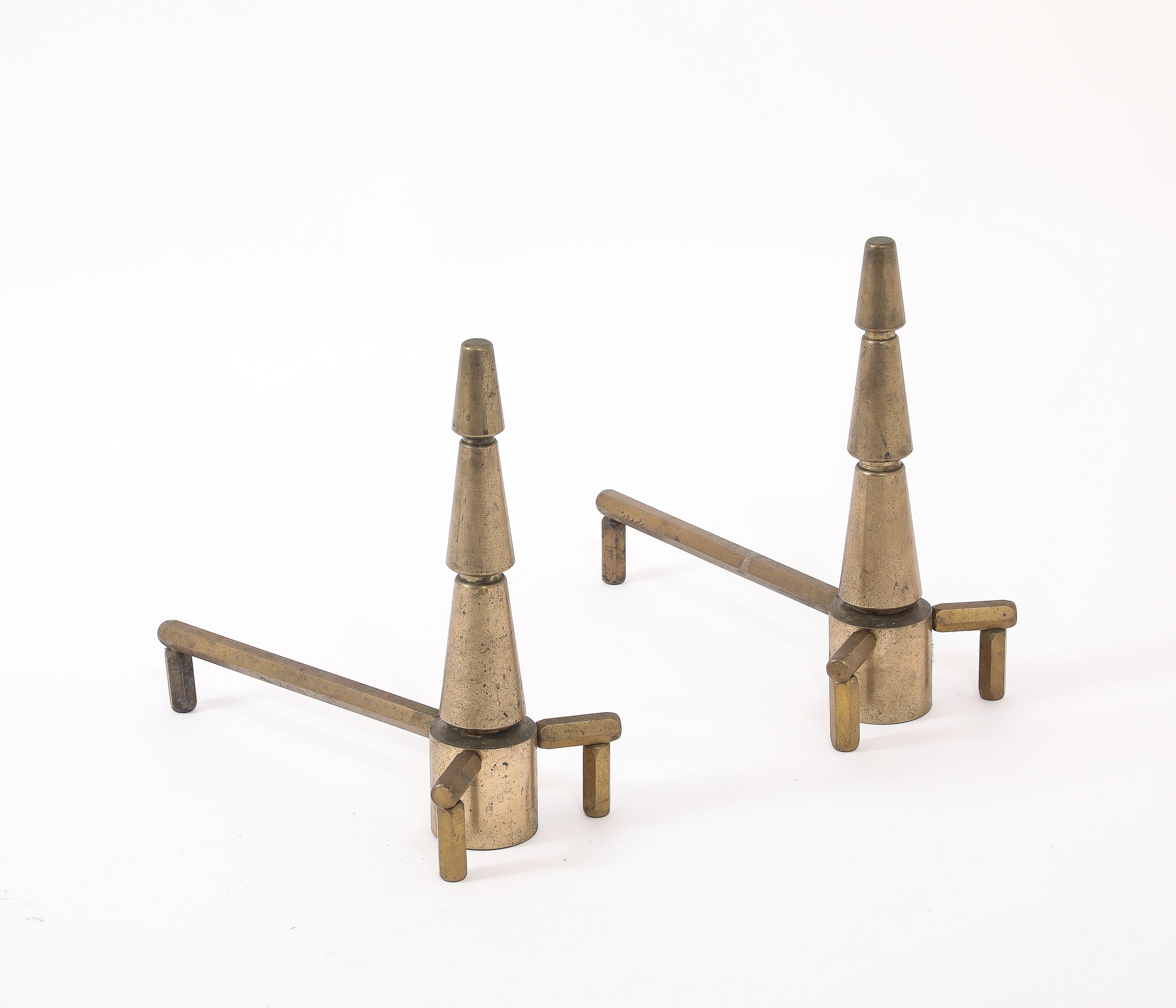 Conical Bronze Andirons, France 1940's For Sale 5