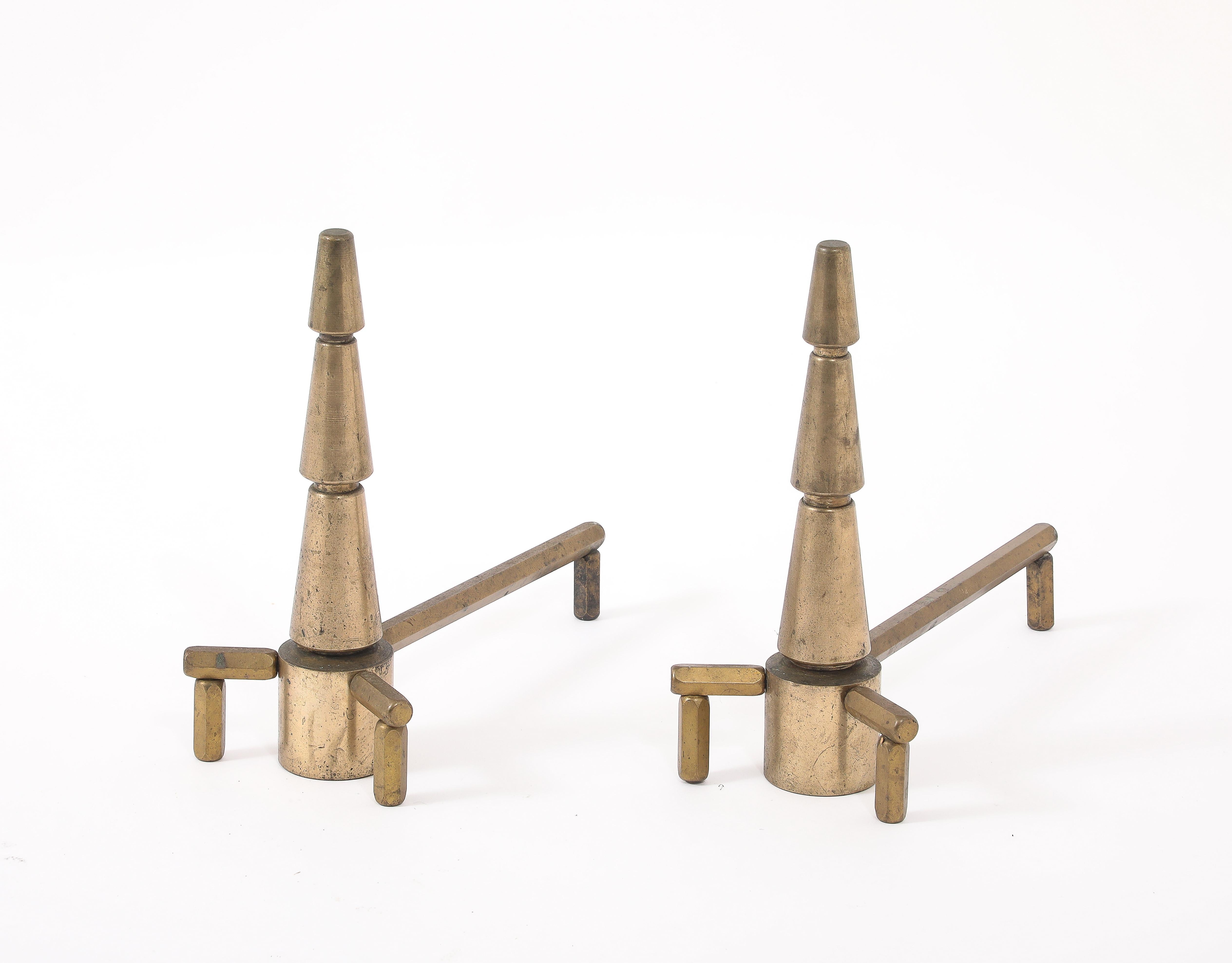 Conical Bronze Andirons, France 1940's For Sale 1