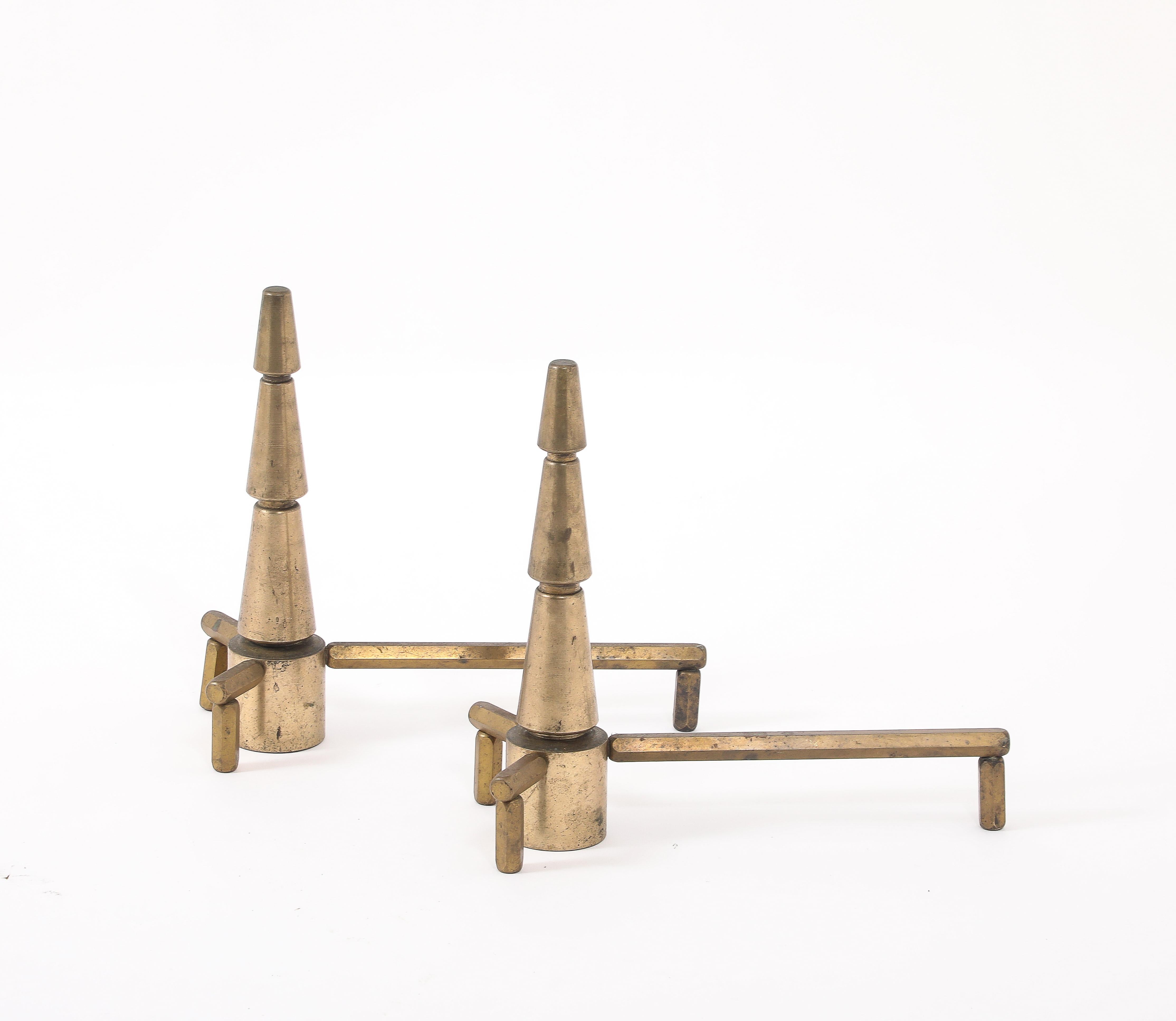 Conical Bronze Andirons, France 1940's For Sale 2