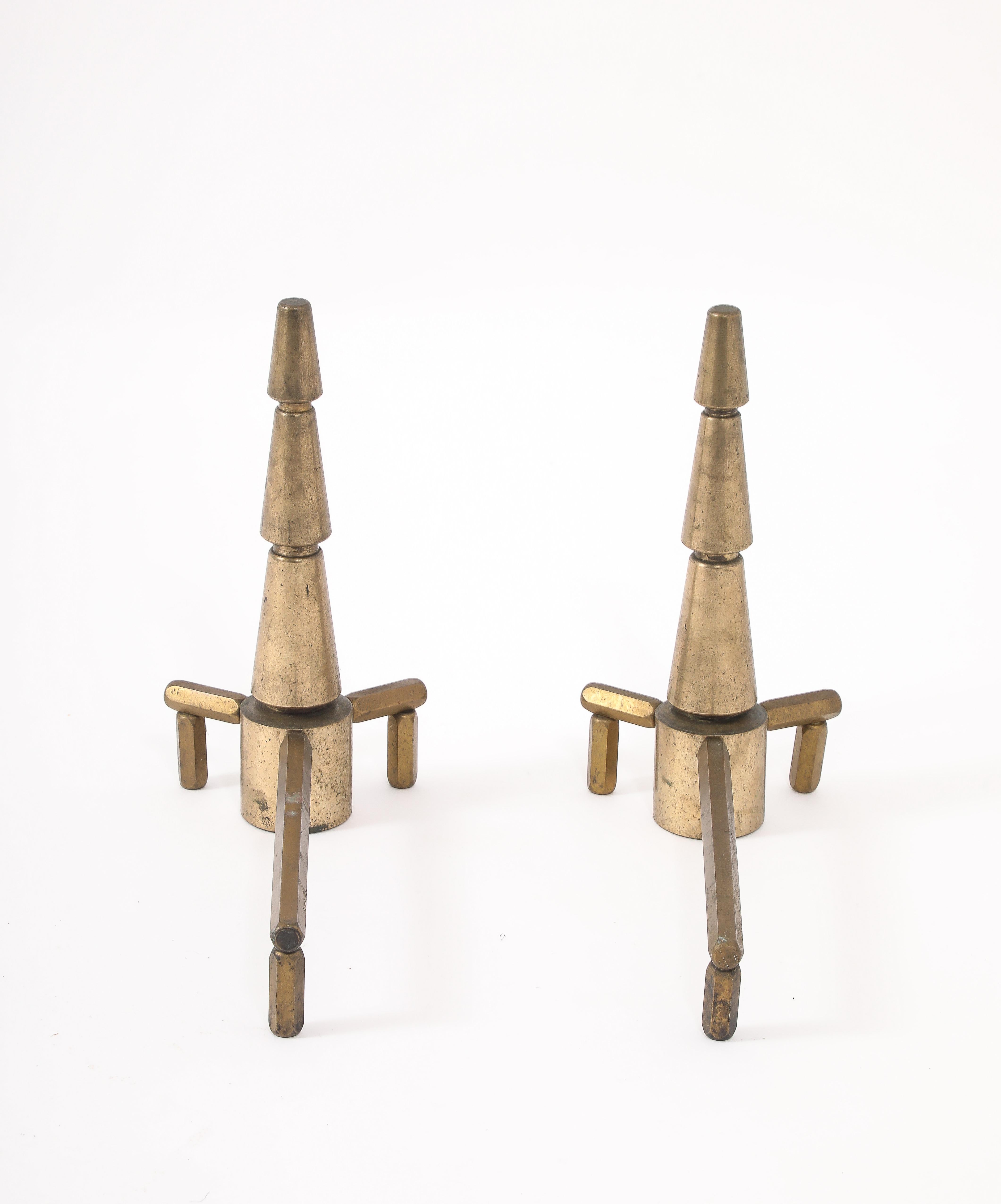 Conical Bronze Andirons, France 1940's For Sale 3