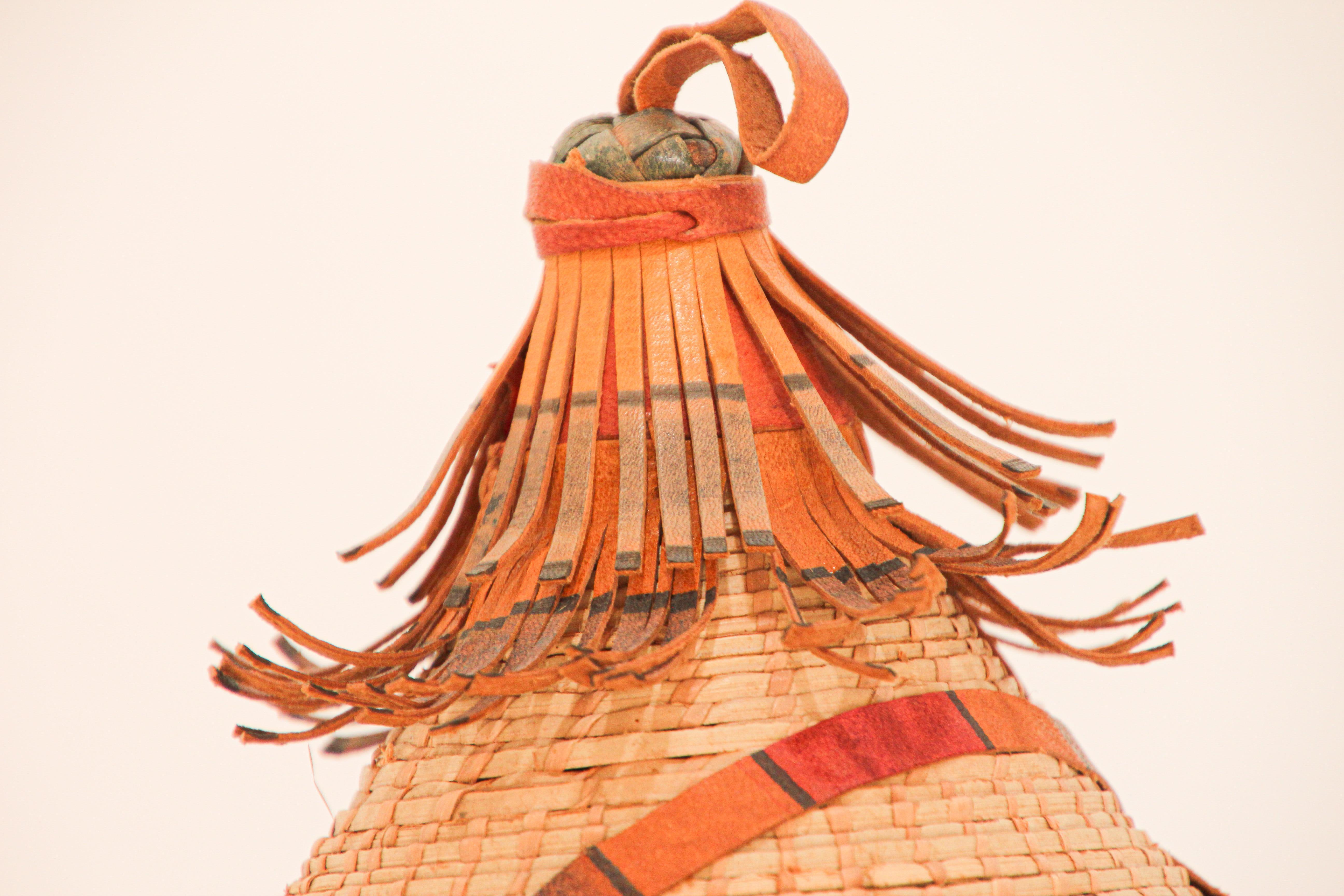 Conical Leather and Straw Tribal Fulani Hat, Mali West Africa In Good Condition For Sale In North Hollywood, CA