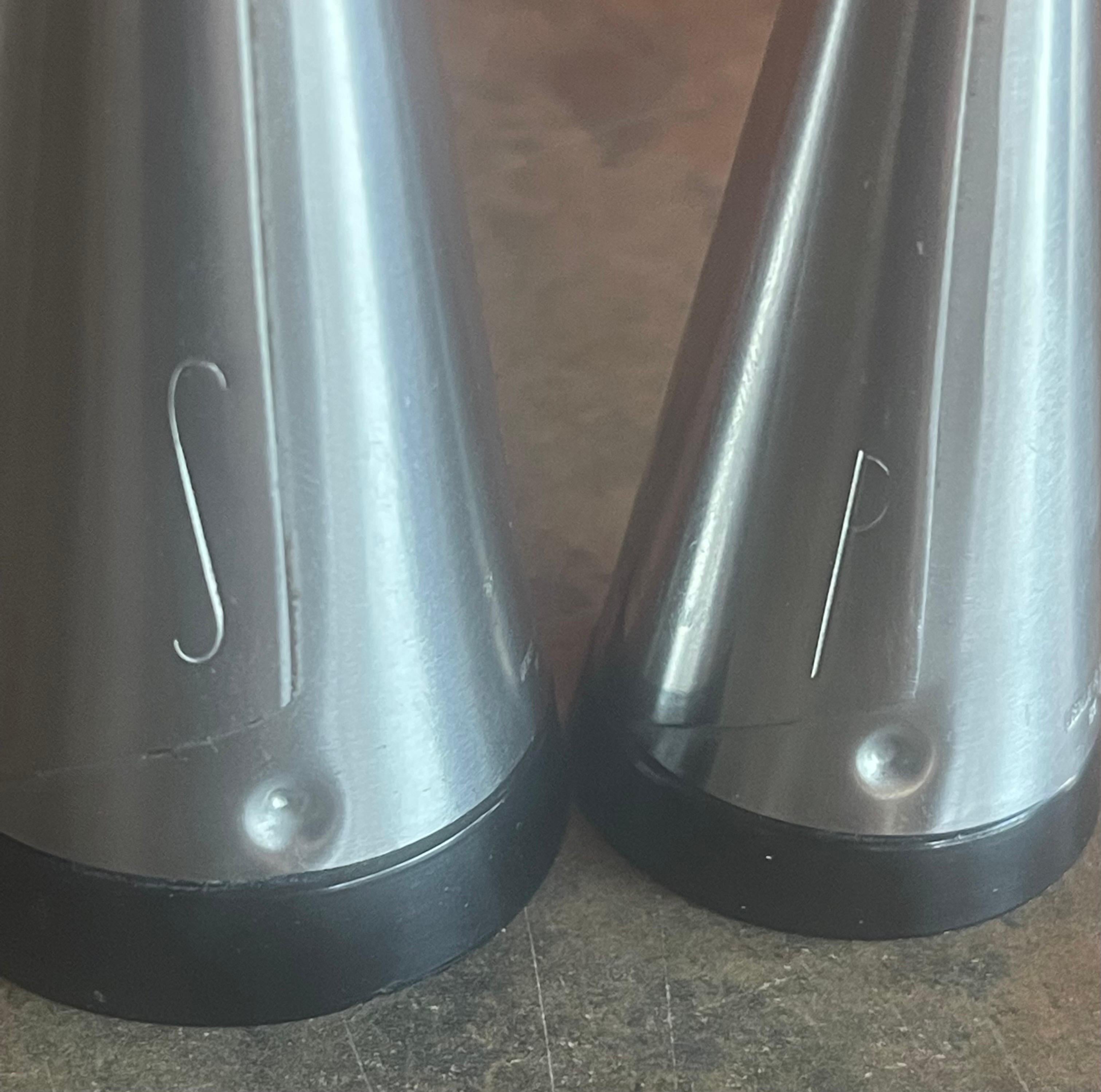 Swedish Conical Shaped Modern Stainless Steel Salt and Pepper Shakers by Pierre Forssell For Sale