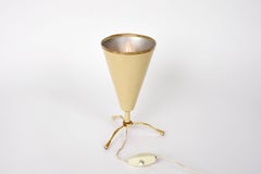 Conical Table Lamp in Beige Lacquered Metal and Brass, Tripod Italy, 1950s