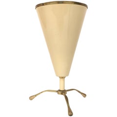 Conical Table Lamp in Beige Lacquered Metal and Brass, Tripod Italy, 1950s