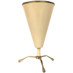 Conical Table Lamp in Beige Lacquered Metal and Brass, Tripod Italy, 1950s