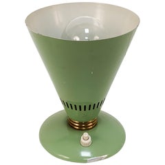 Vintage Conical Table Lamp in Green Lacquered Metal and Brass, Italy, 1950s