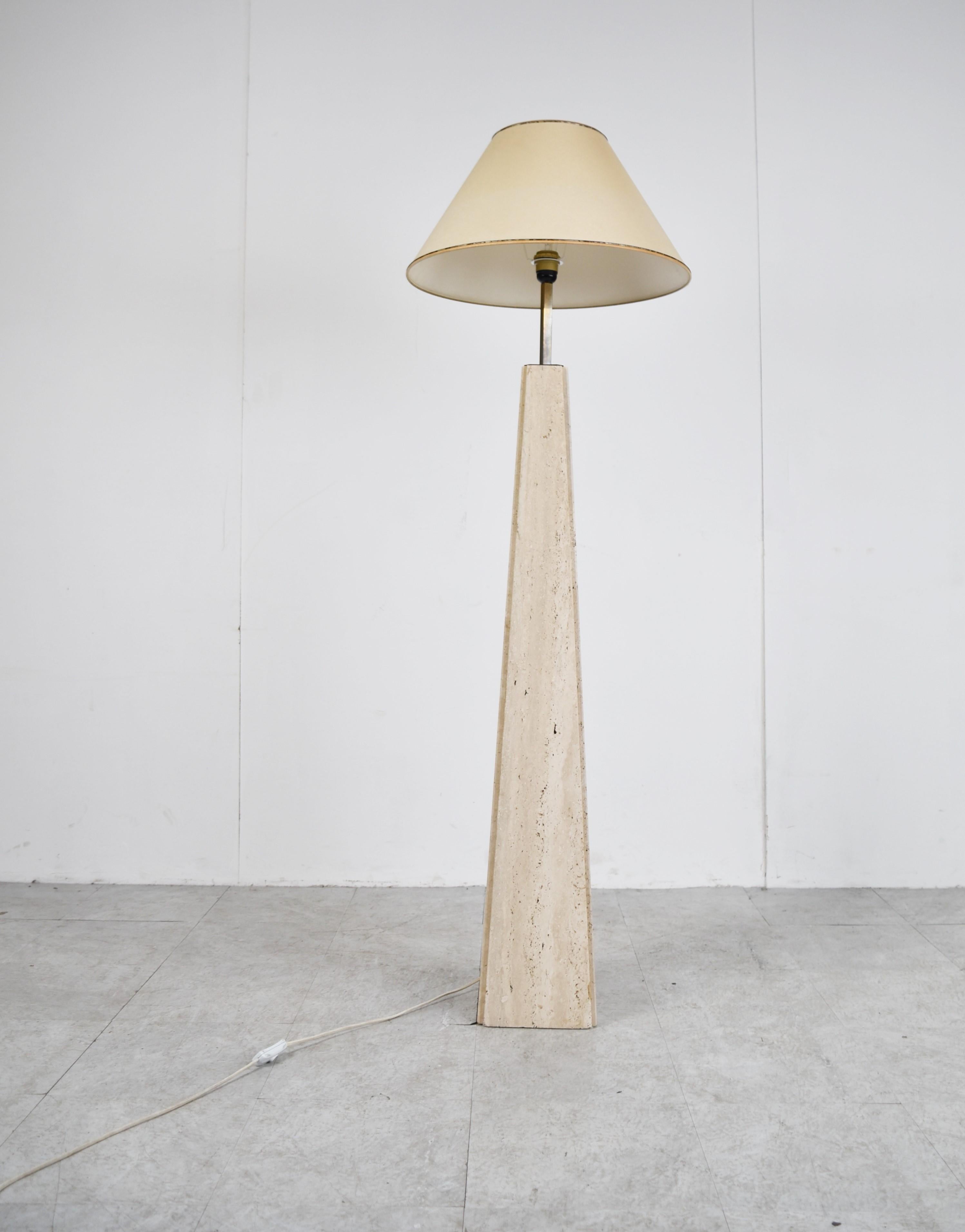 Late 20th Century Conical Travertine and Brass Floor Lamp, 1970s by Camille Breesch