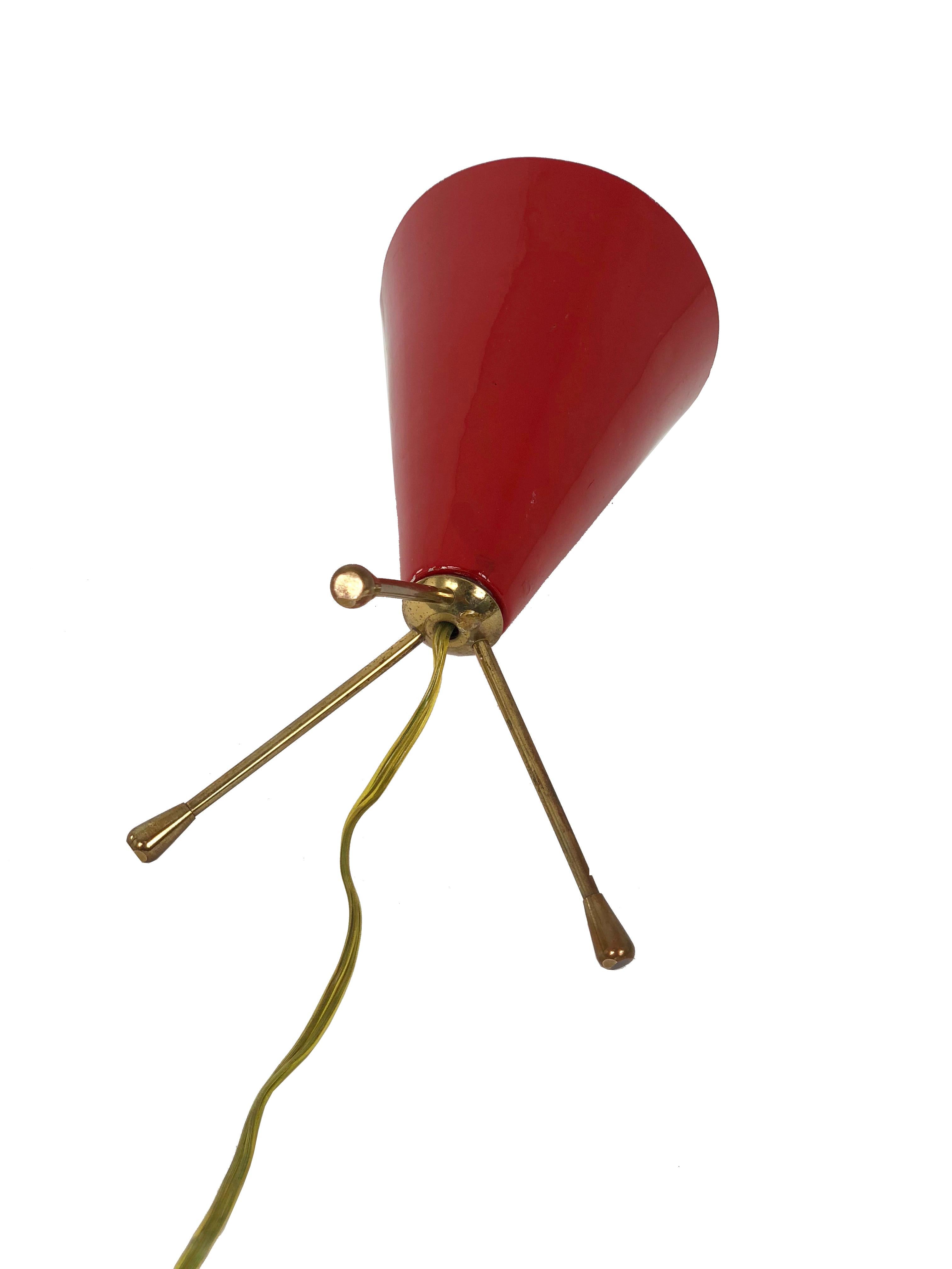 Italian Conical Tripod Table Red Lamp in Brass and Lacquered Metal, Italy, 1950s