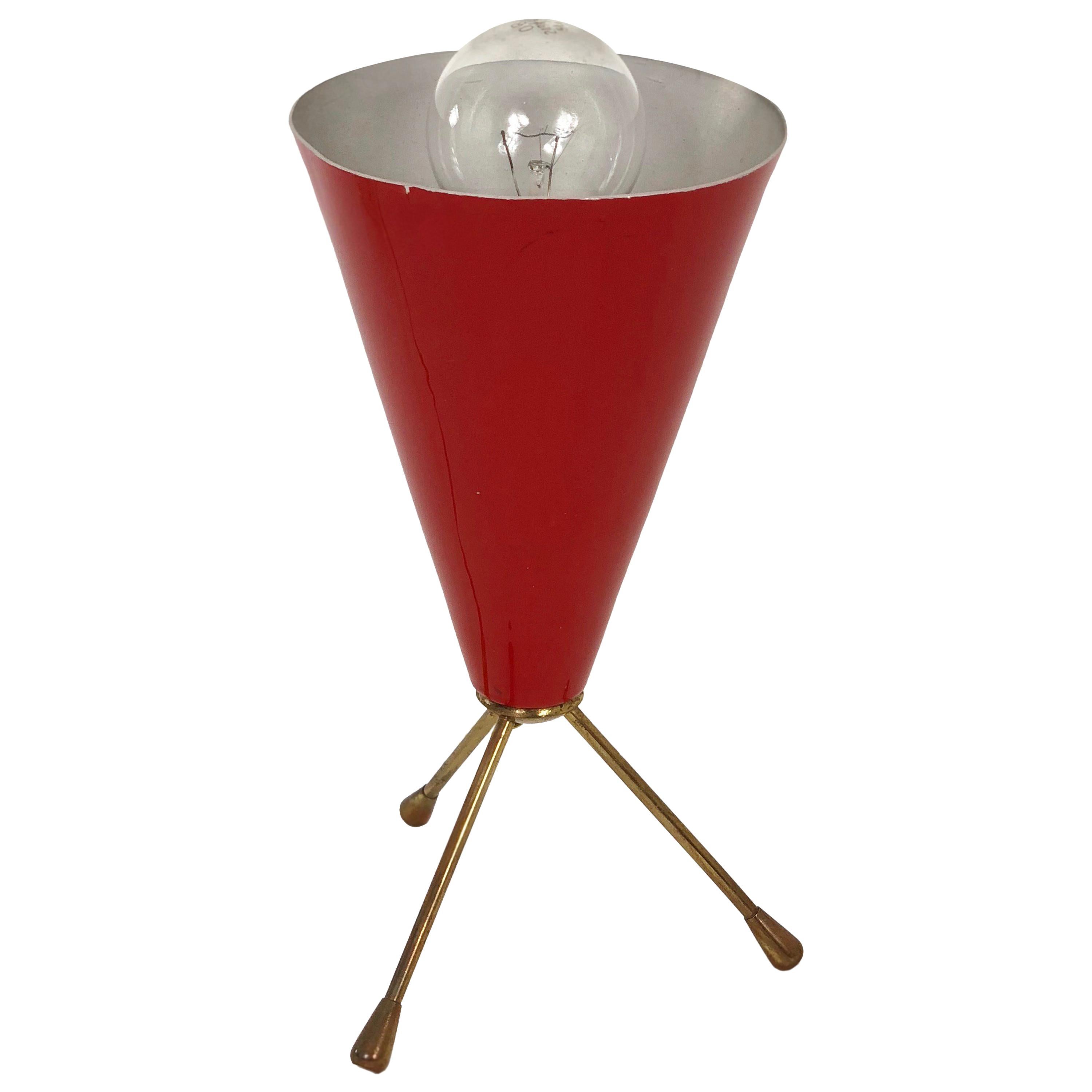 Conical Tripod Table Red Lamp in Brass and Lacquered Metal, Italy, 1950s