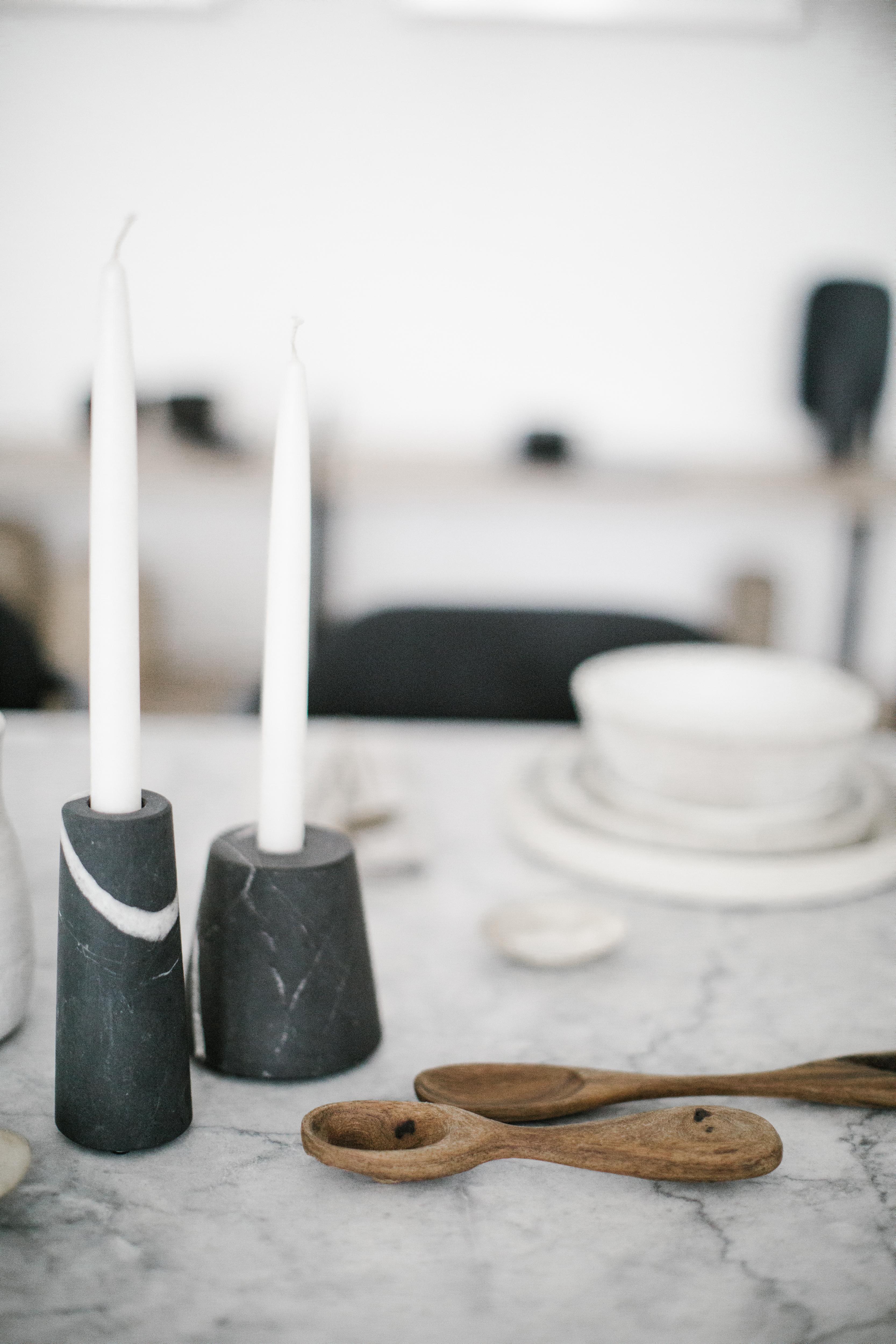 Hand-Crafted Cónico Black Marble Carved Candleholder Set For Sale