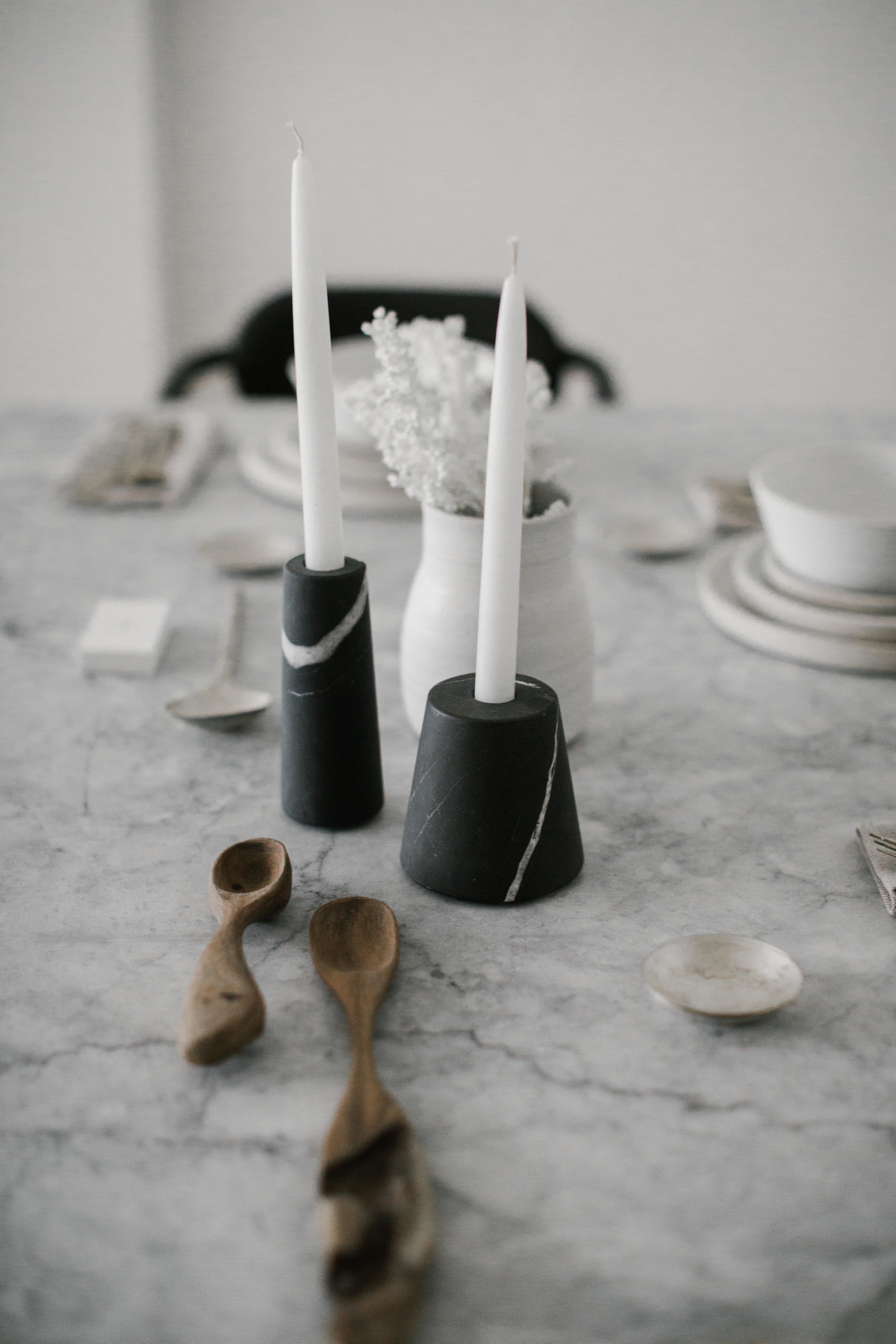 Cónico Black Marble Carved Candleholder Set In New Condition For Sale In Mexico City, MX