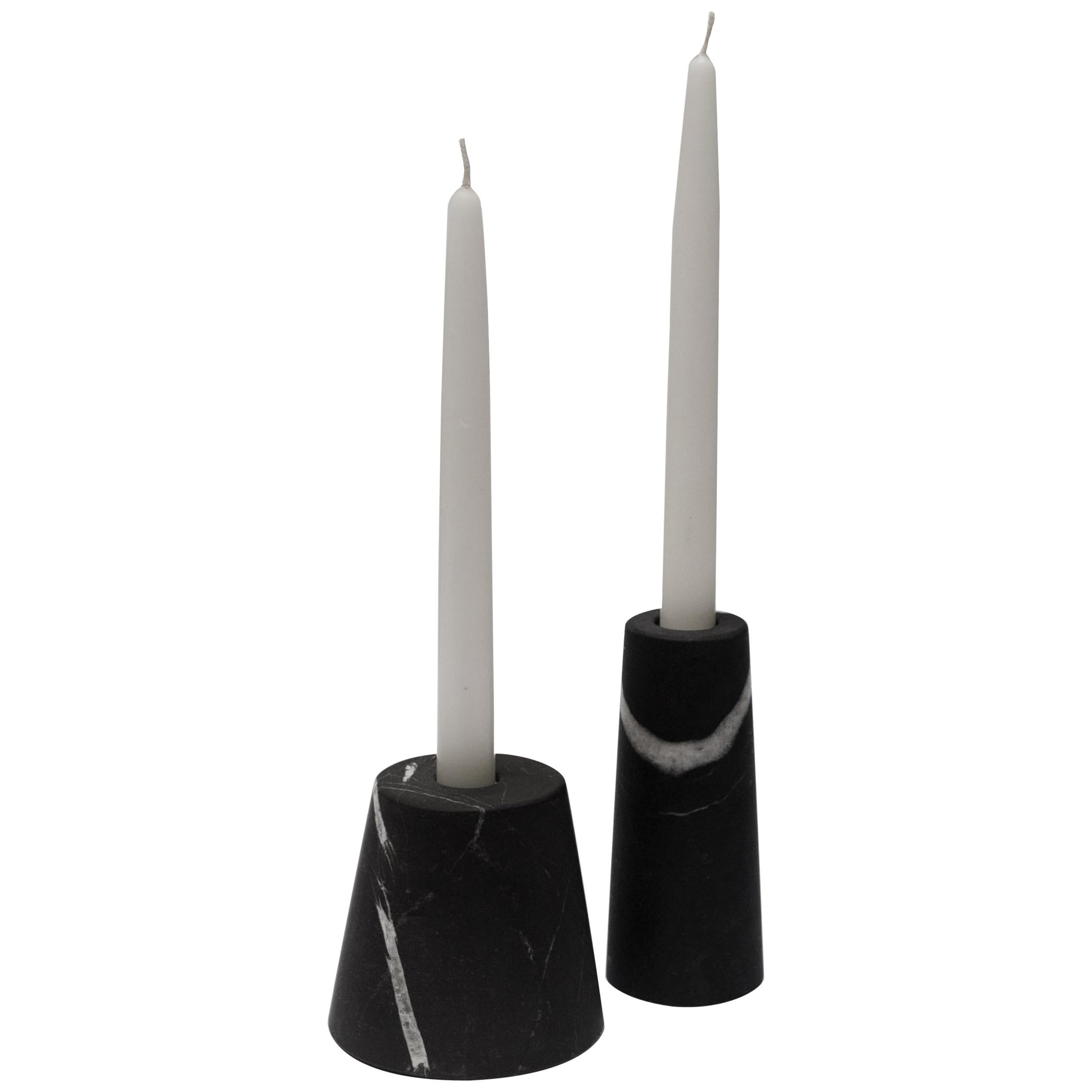 Cónico Black Marble Carved Candleholder Set For Sale