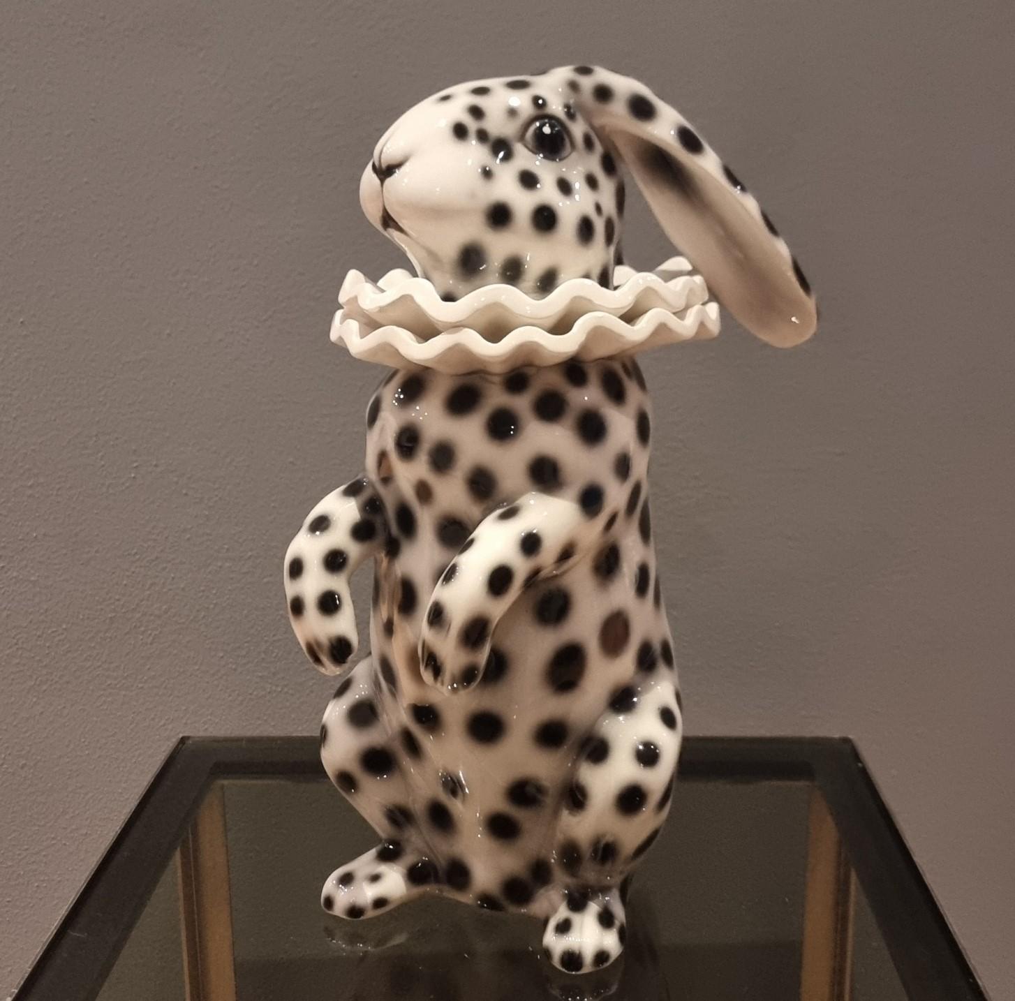 Modern Painted ceramic rabbit with low ears dressed as Pierrot For Sale