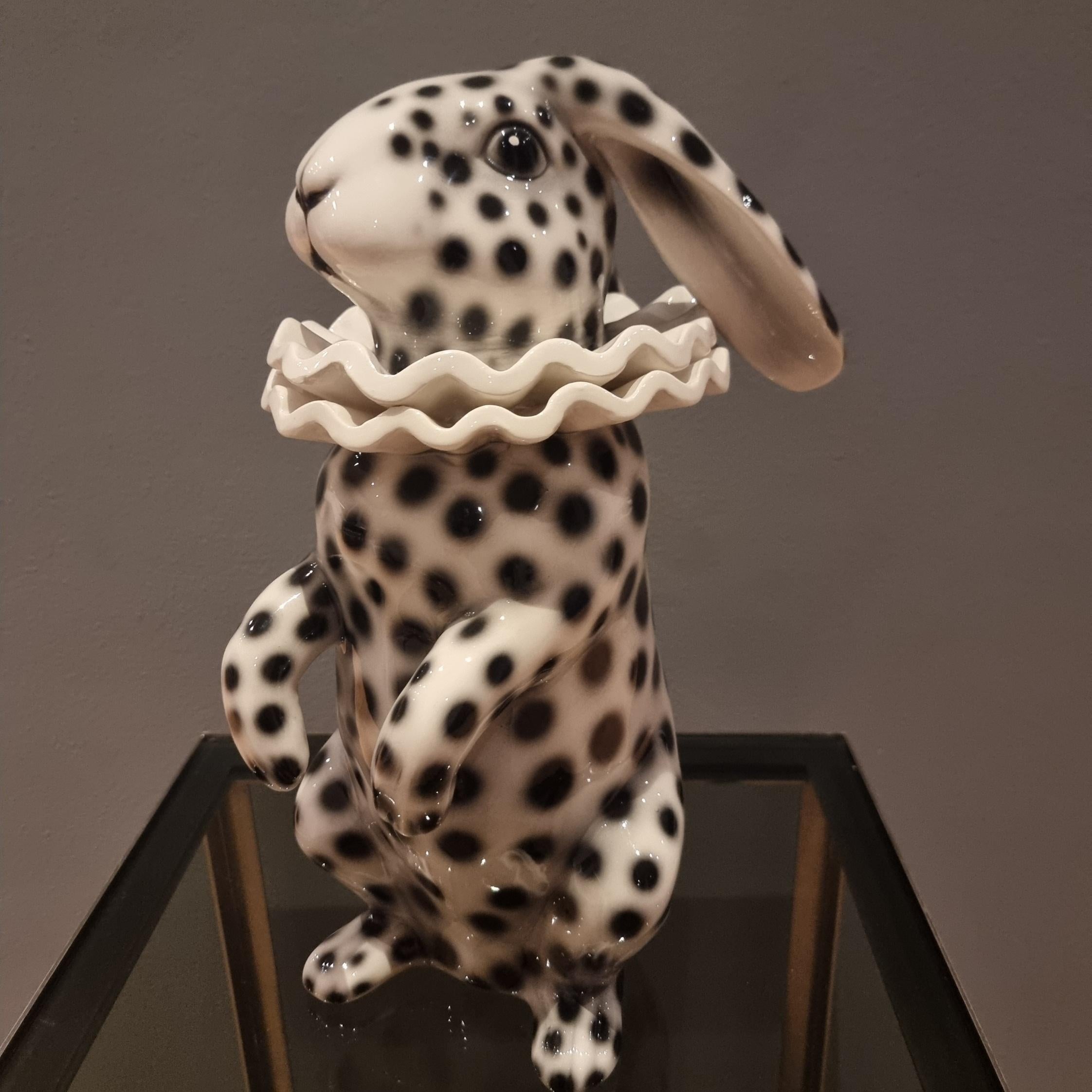 Italian Painted ceramic rabbit with low ears dressed as Pierrot For Sale