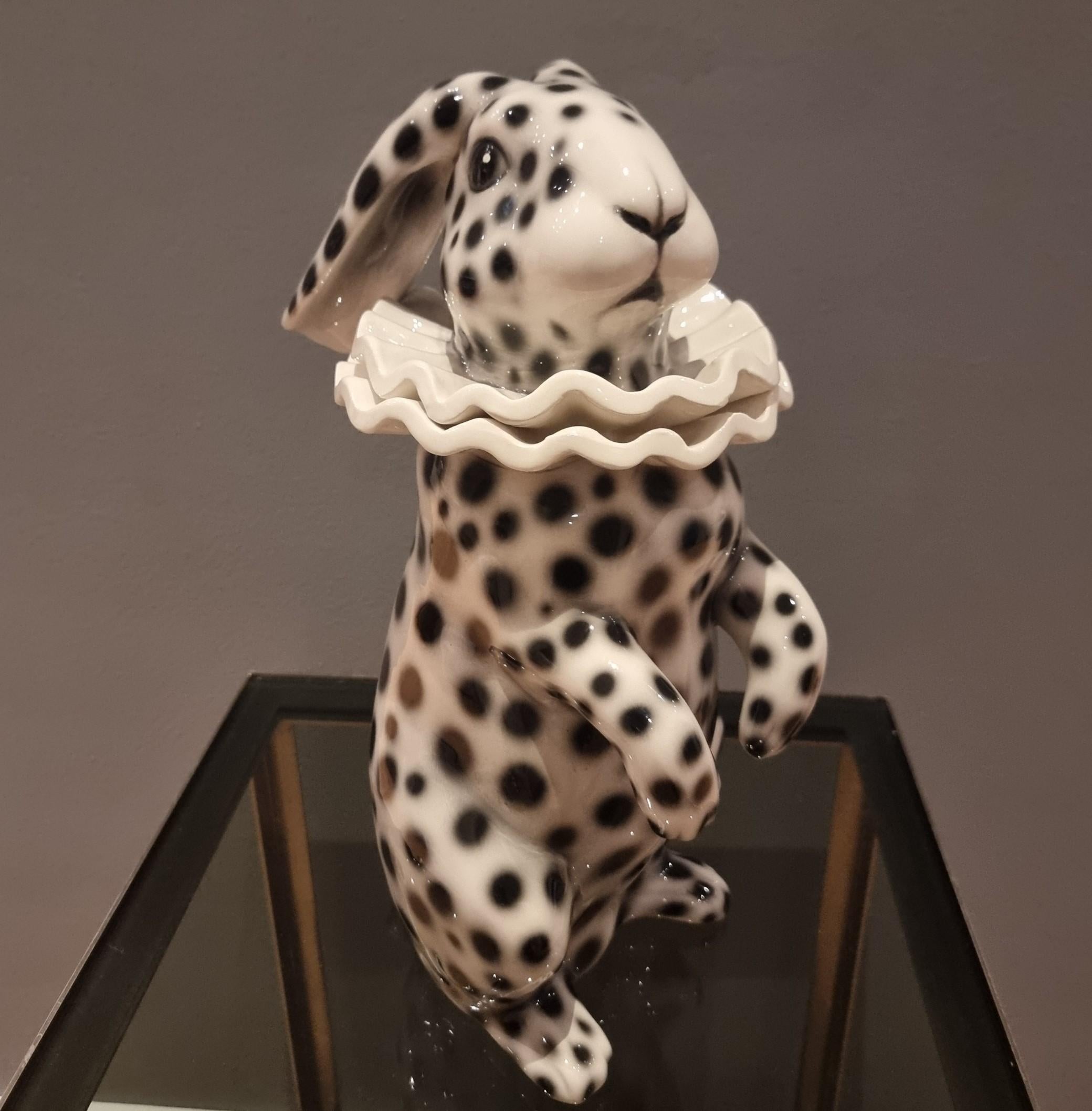 Contemporary Painted ceramic rabbit with low ears dressed as Pierrot For Sale