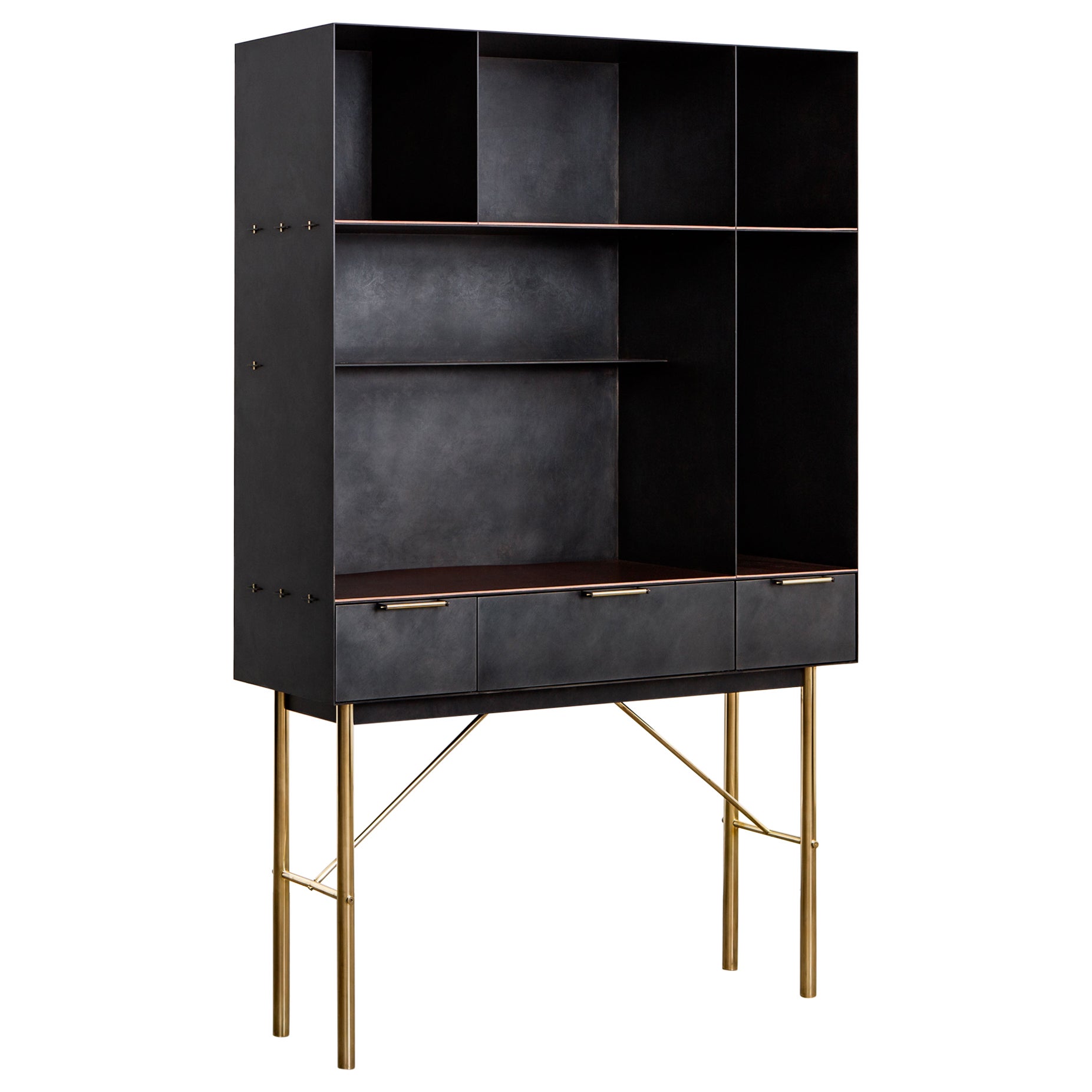 Connect Bookcase or Shelf Customizable in Blackened Steel and Polished Bronze